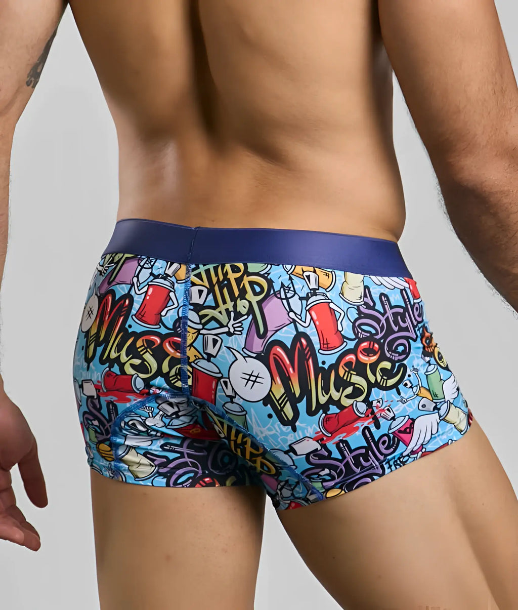 New malebasics trunk hipster blue boxer briefs with vibrant graffiti print of spray cans drums and music text
