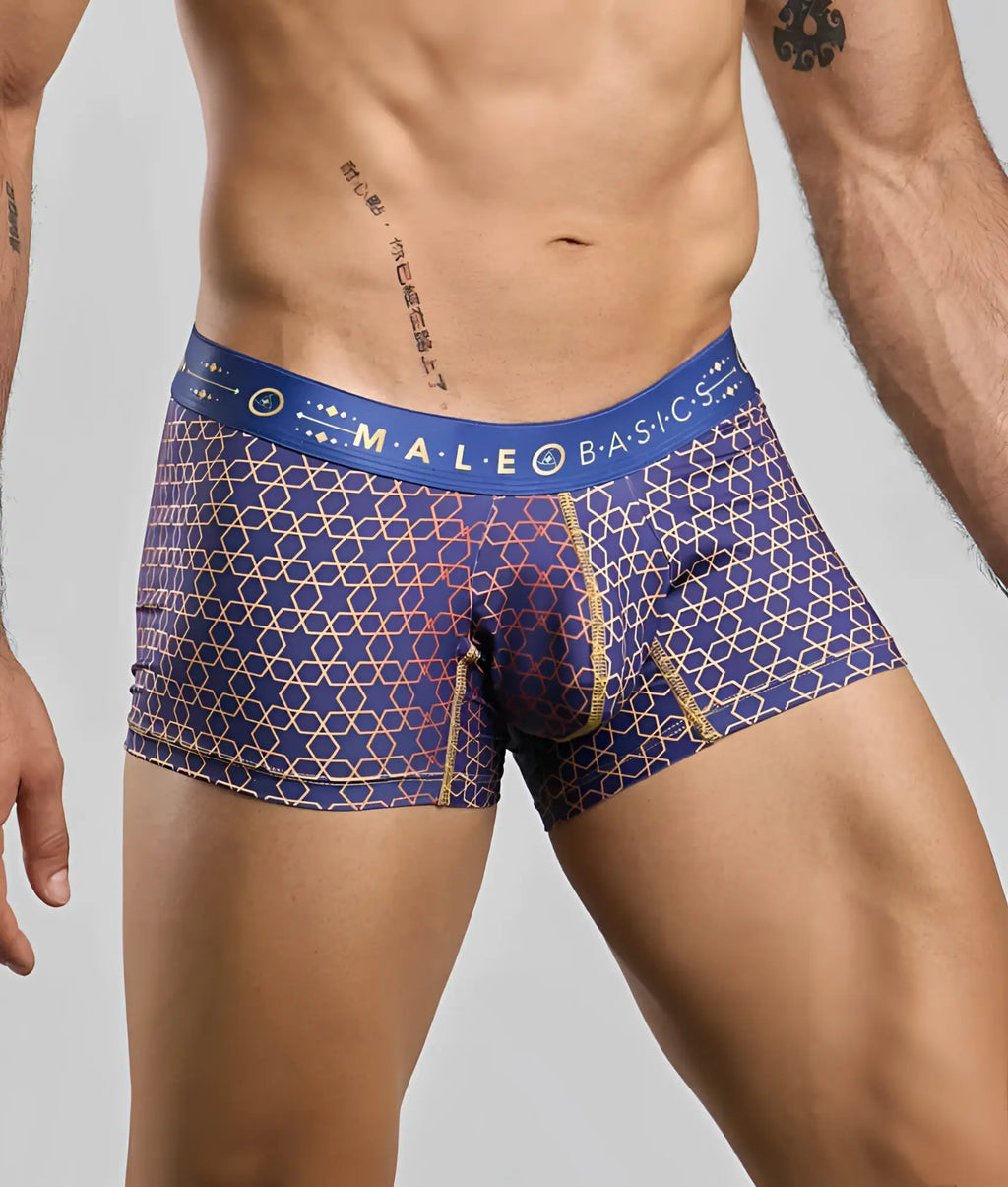 New malebasics trunk hipster blue and gold geometric patterned men’s boxer briefs with branded waistband