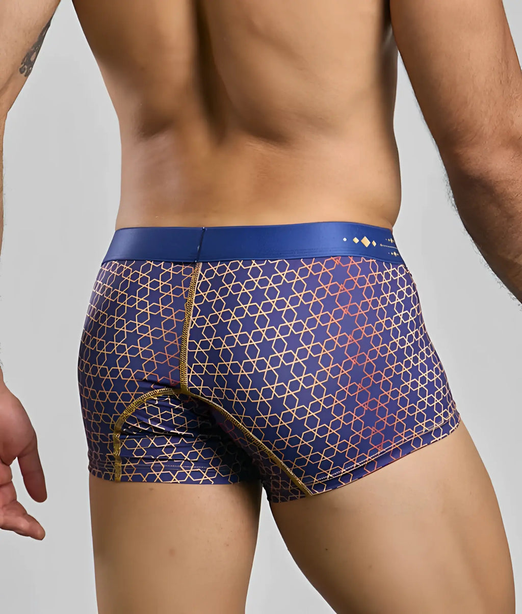 New Malebasics trunk hipster boxer briefs with blue and gold geometric pattern and solid blue waistband