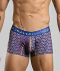 Blue and gold patterned new malebasics trunk hipster men’s boxer briefs with branded elastic waistband