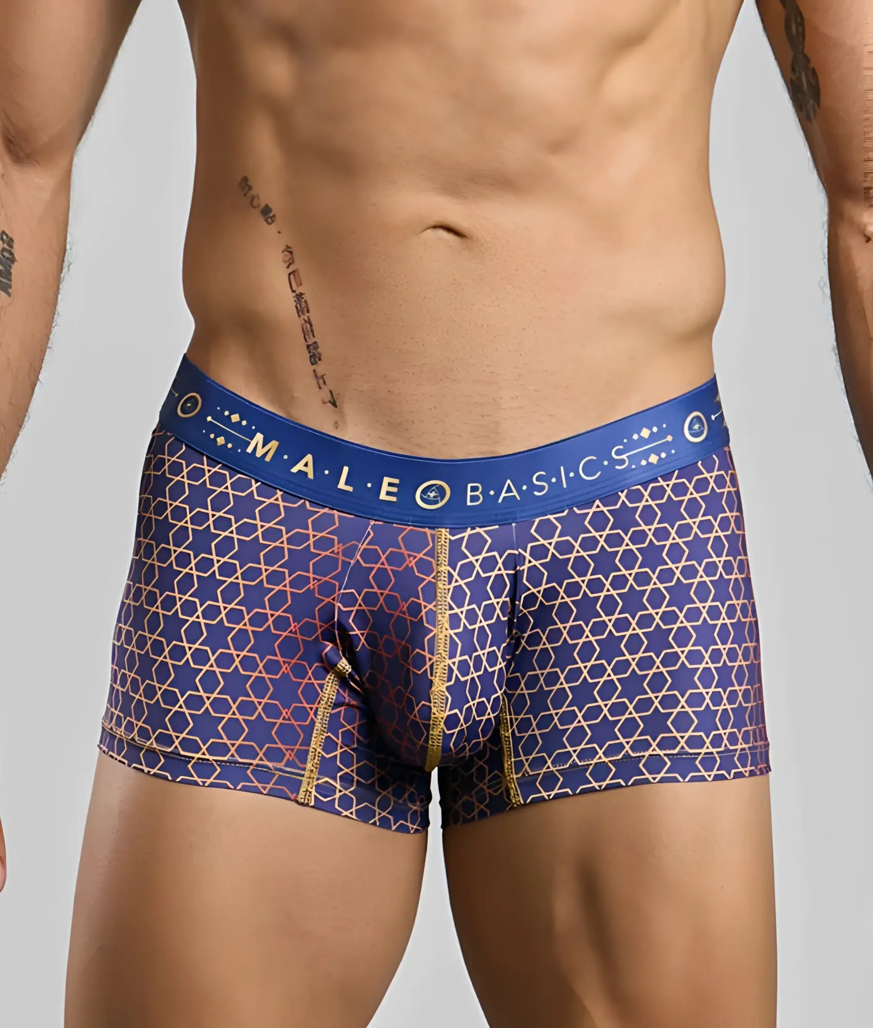 Blue and gold patterned new malebasics trunk hipster men’s boxer briefs with branded elastic waistband
