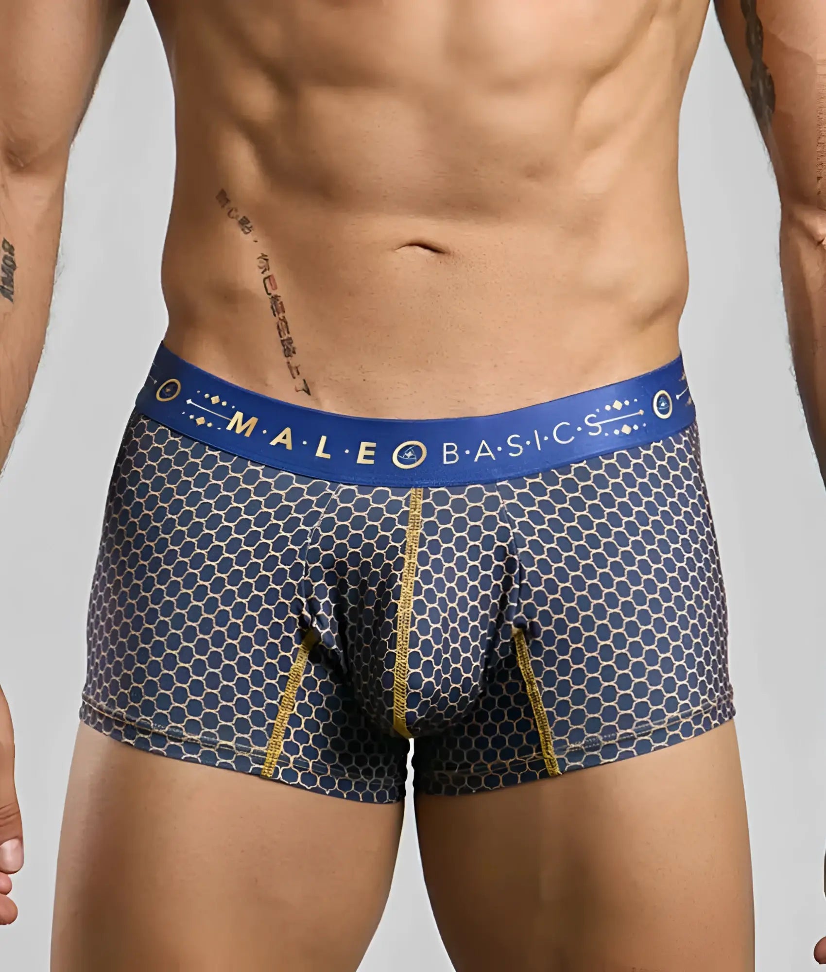 New Malebasics trunk hipster boxer briefs in blue and gray honeycomb pattern with bold blue Malebasics waistband