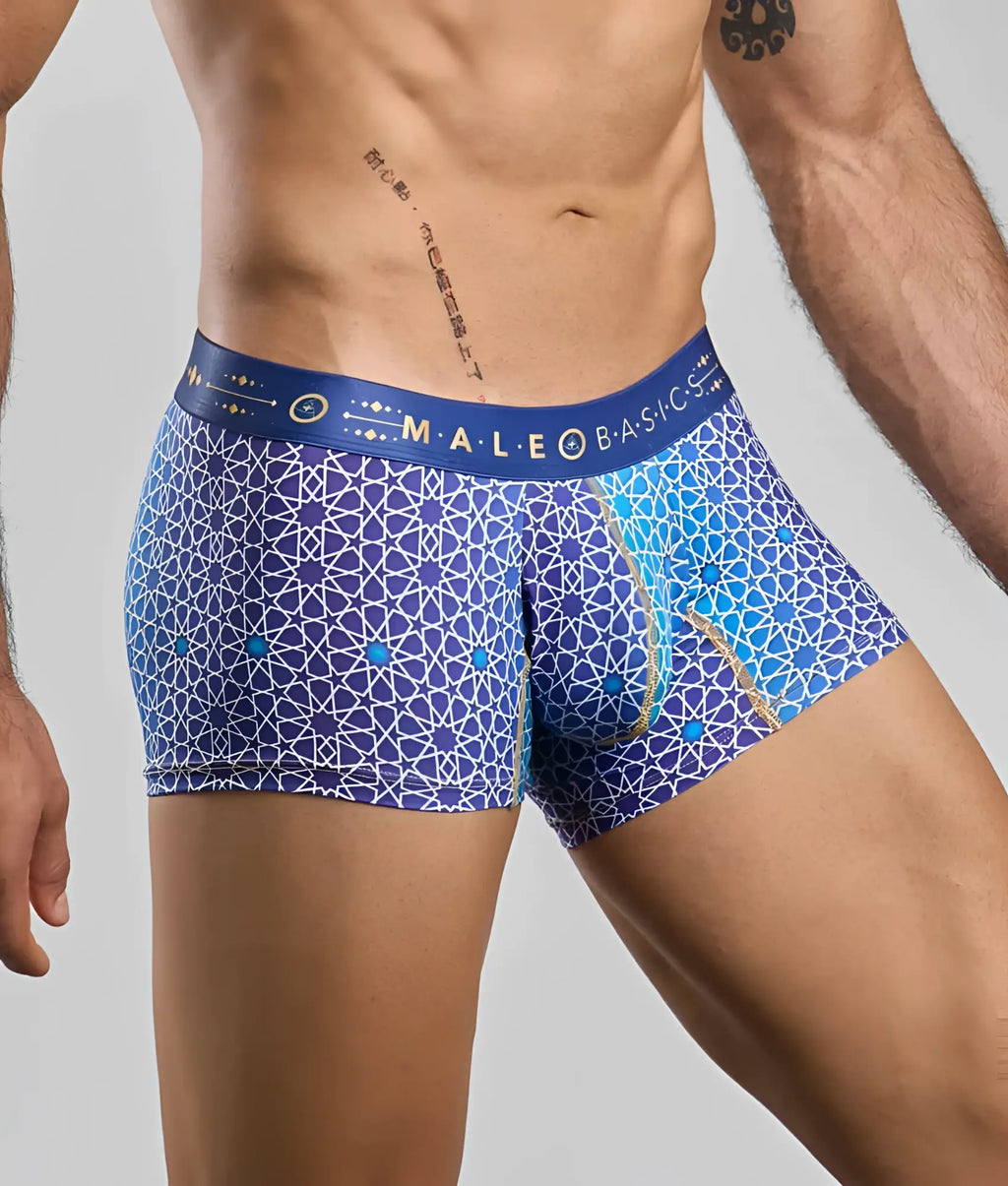 New malebasics trunk hipster blue patterned men’s boxer briefs with geometric design and gold accents waistband