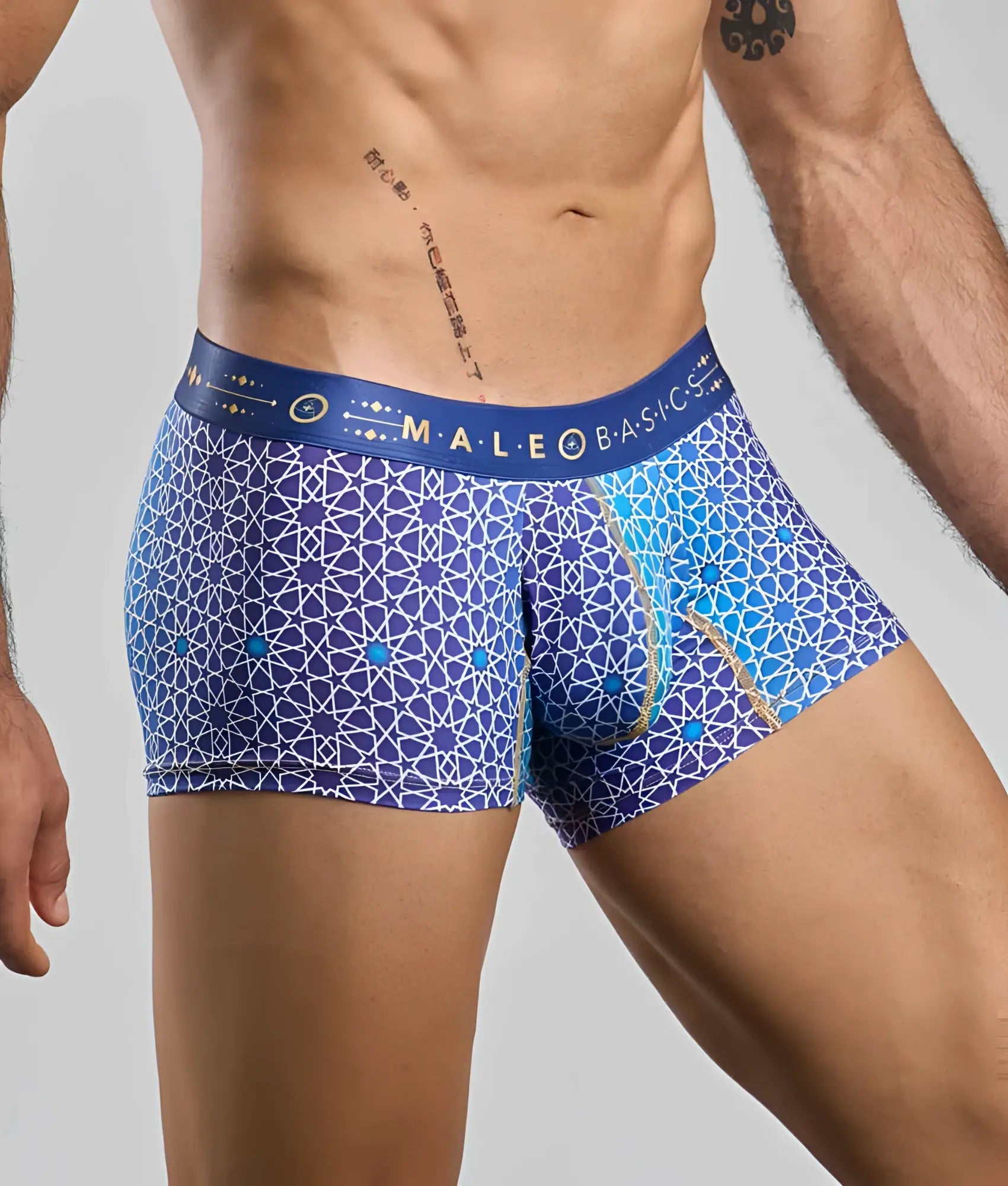 New malebasics trunk hipster blue patterned men’s boxer briefs with geometric design and gold accents waistband
