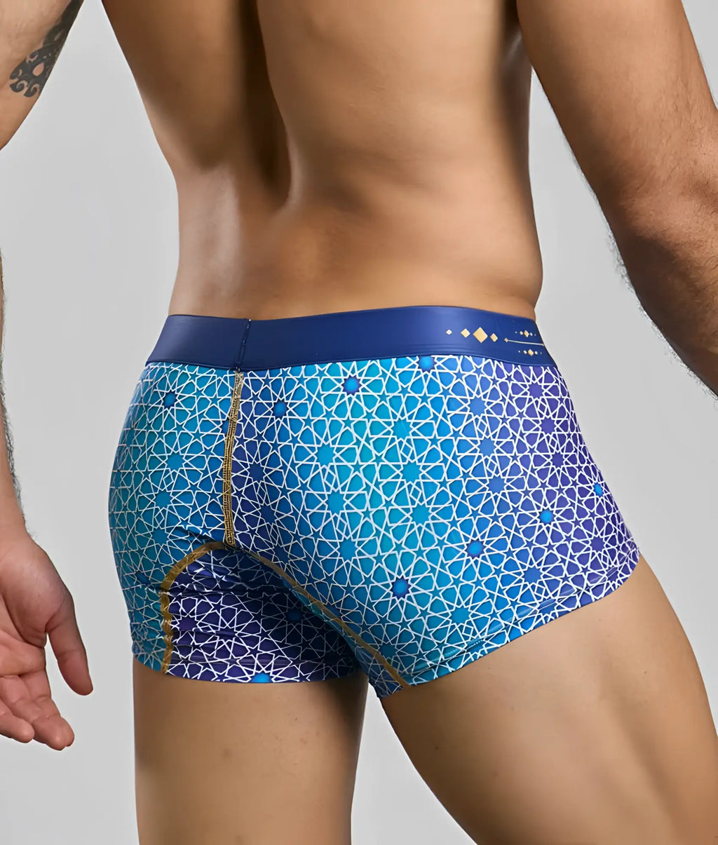 Blue and purple geometric-patterned men’s boxer briefs with navy waistband new malebasics trunk hipster front view