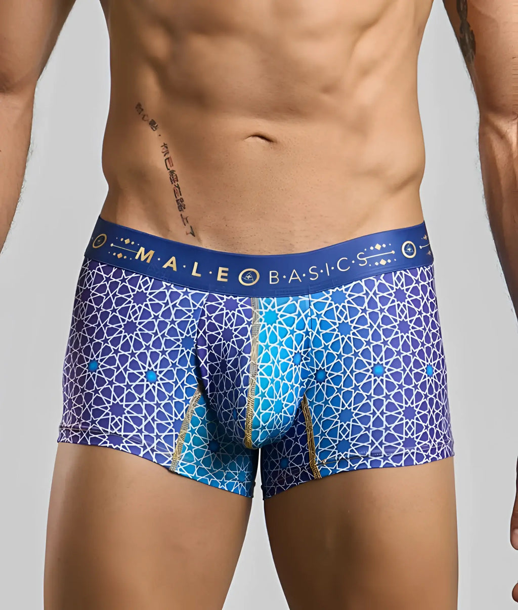 New malebasics trunk hipster men’s boxer briefs in blue and purple geometric pattern with male basic waistband
