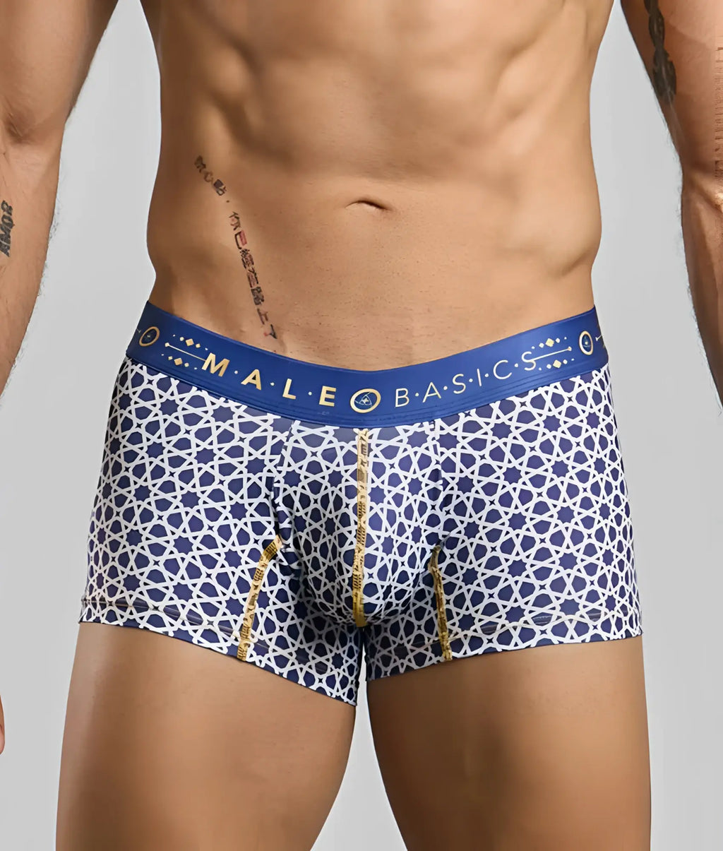 New malebasics trunk hipster blue and white patterned men’s boxer briefs with gold trim and branded waistband