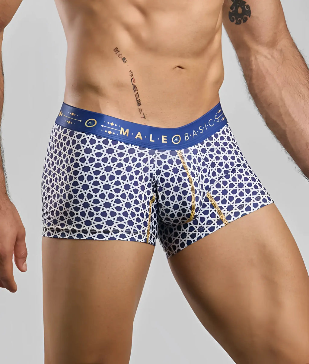 Blue and white patterned malebasics trunk hipster boxer briefs with gold trim and geometric design on waistband