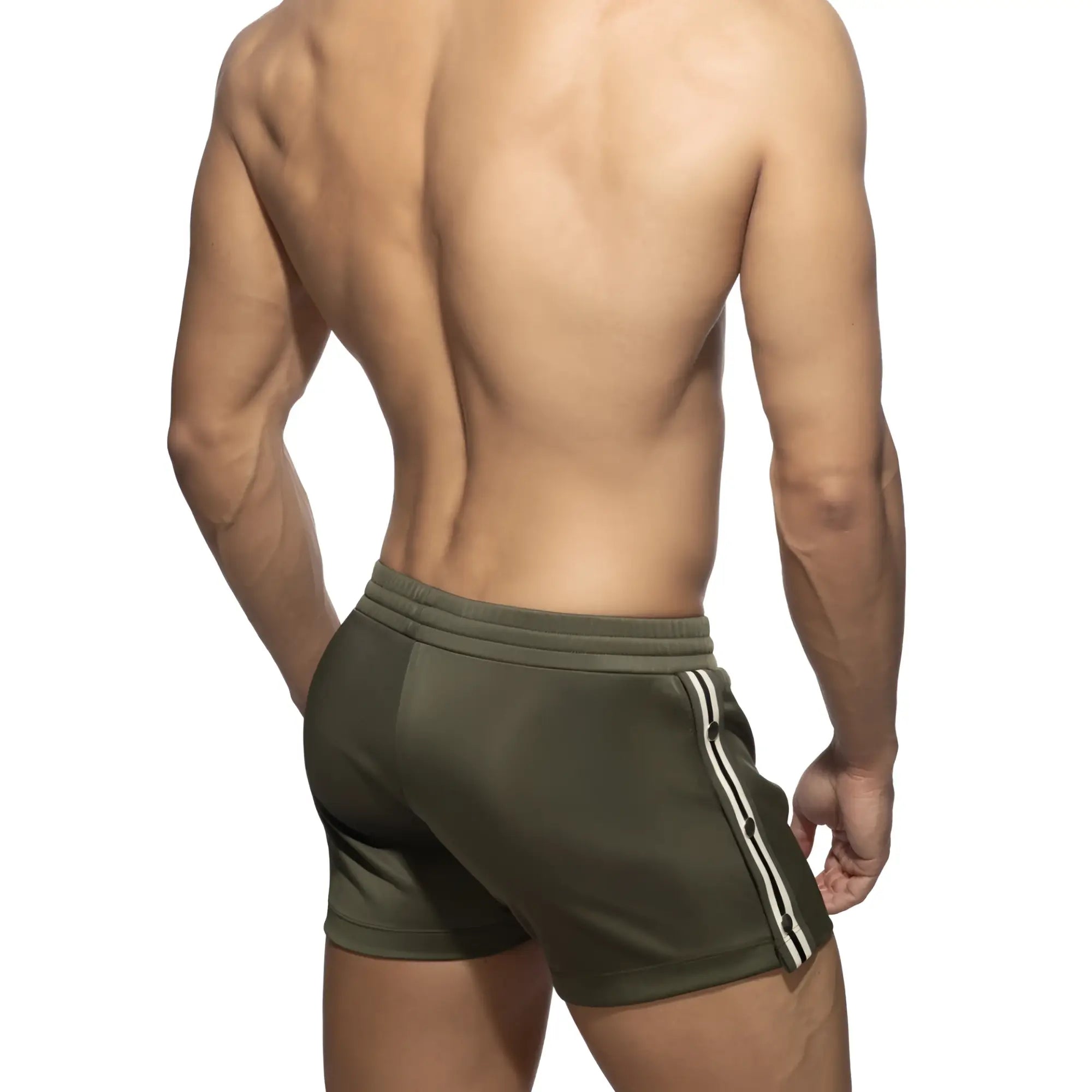 Olive green nexus button athletic shorts with white side stripes and ribbed waistband for activewear use