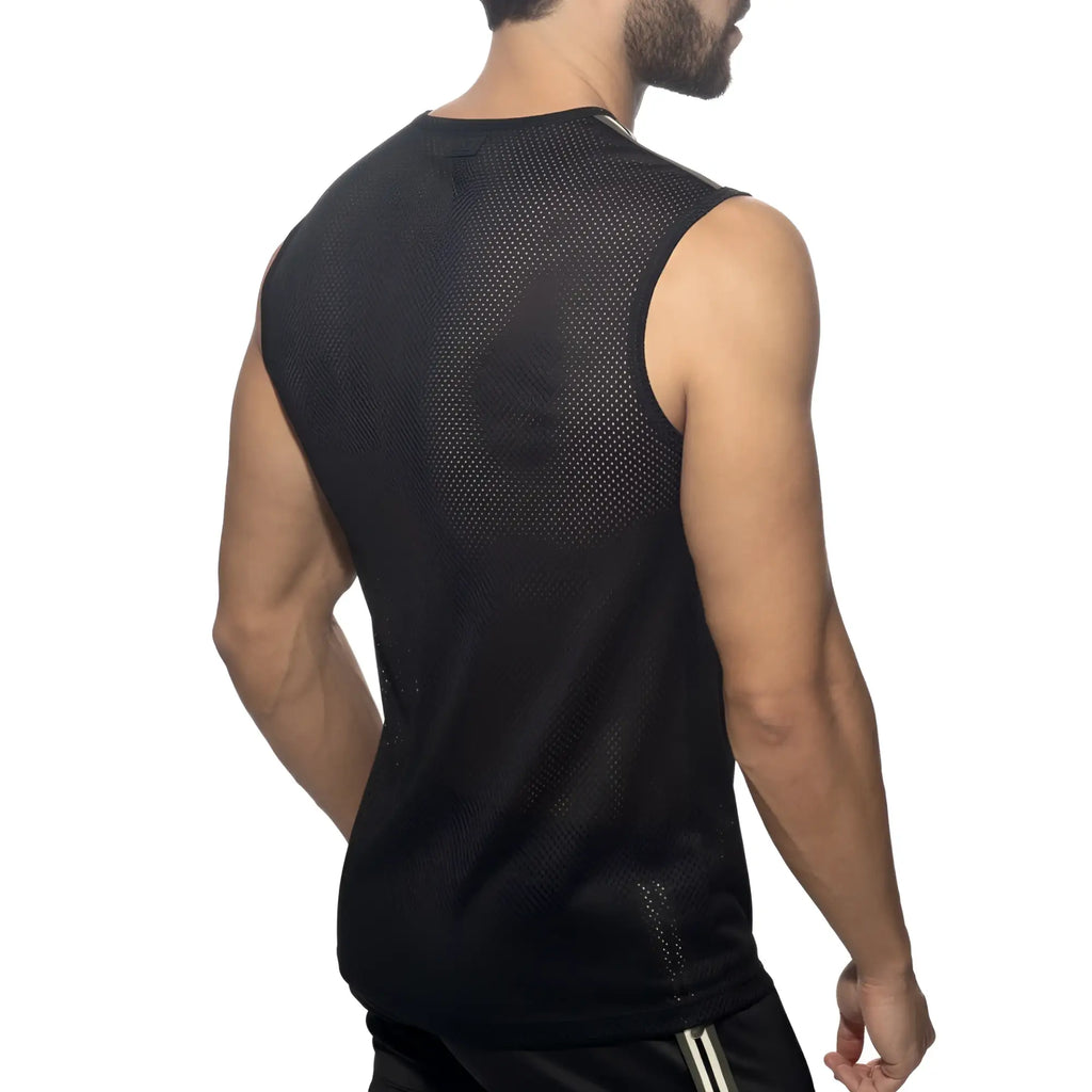 Black mesh sleeveless athletic top with breathable perforated back panel shown from the back named Nexus mesh tank top