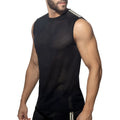 Black mesh sleeveless Nexus mesh tank top with three white stripes on the shoulder for athletic use