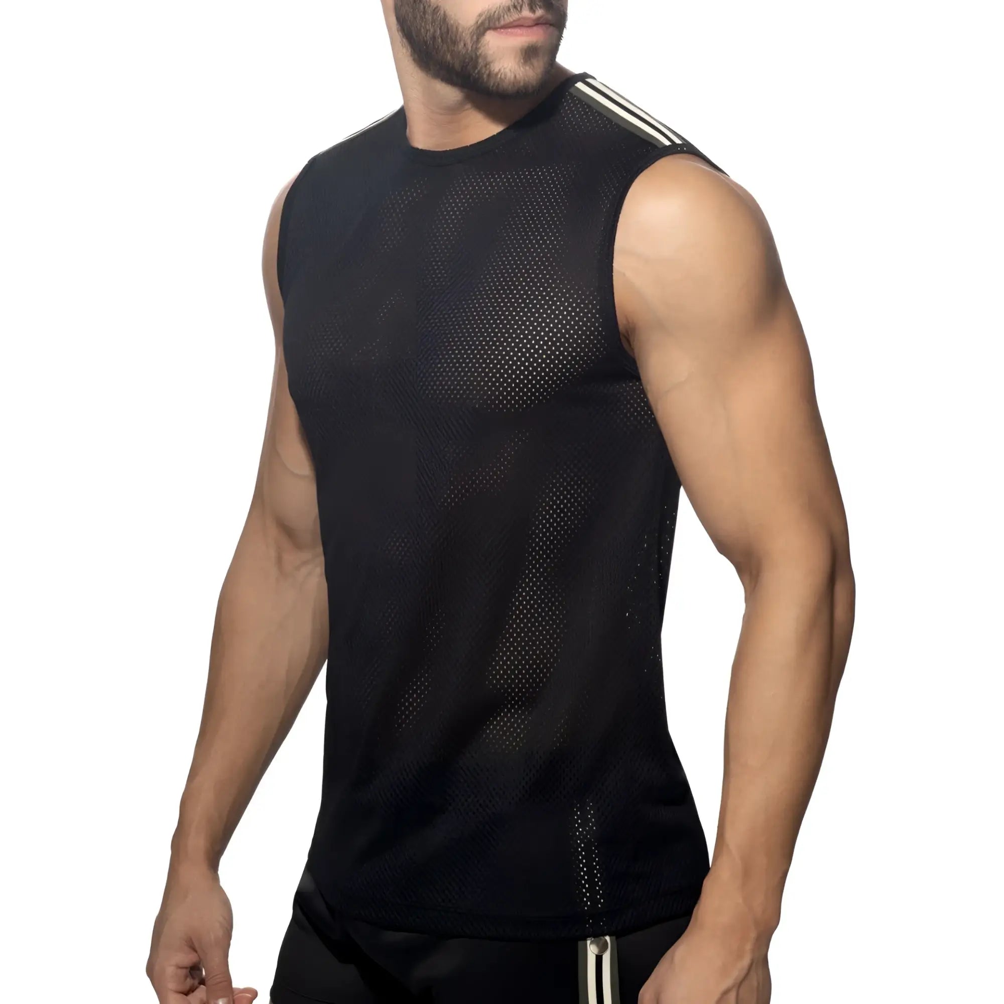 Black mesh sleeveless Nexus mesh tank top with three white stripes on the shoulder for athletic use