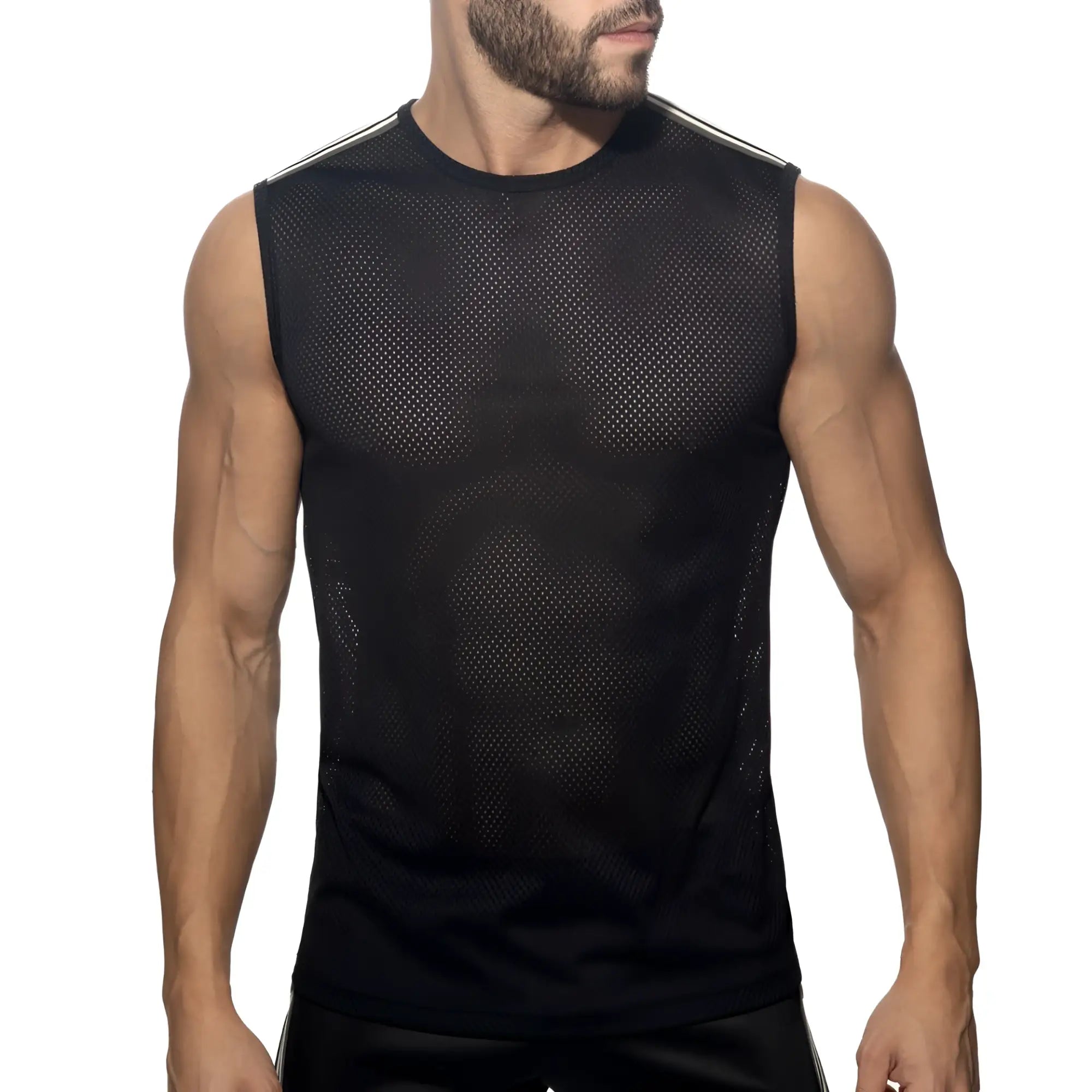 Black mesh sleeveless athletic tank top with white shoulder stripes for breathable workout wear nexus mesh tank top