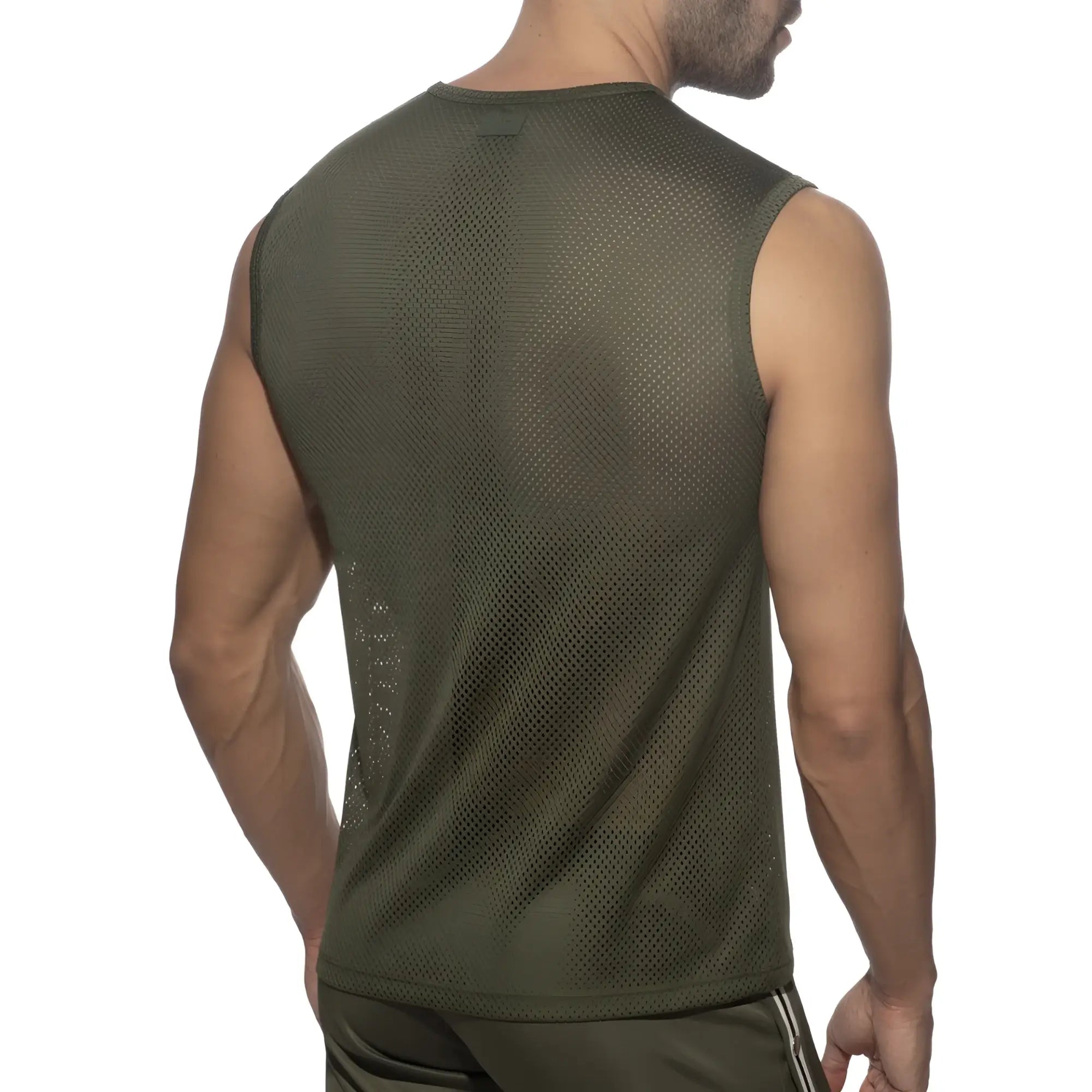 Olive green nexus mesh tank top sleeveless athletic top with round neckline and breathable subtle perforations
