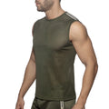 Nexus mesh tank top olive green sleeveless athletic top with white three stripes on shoulder made of breathable mesh