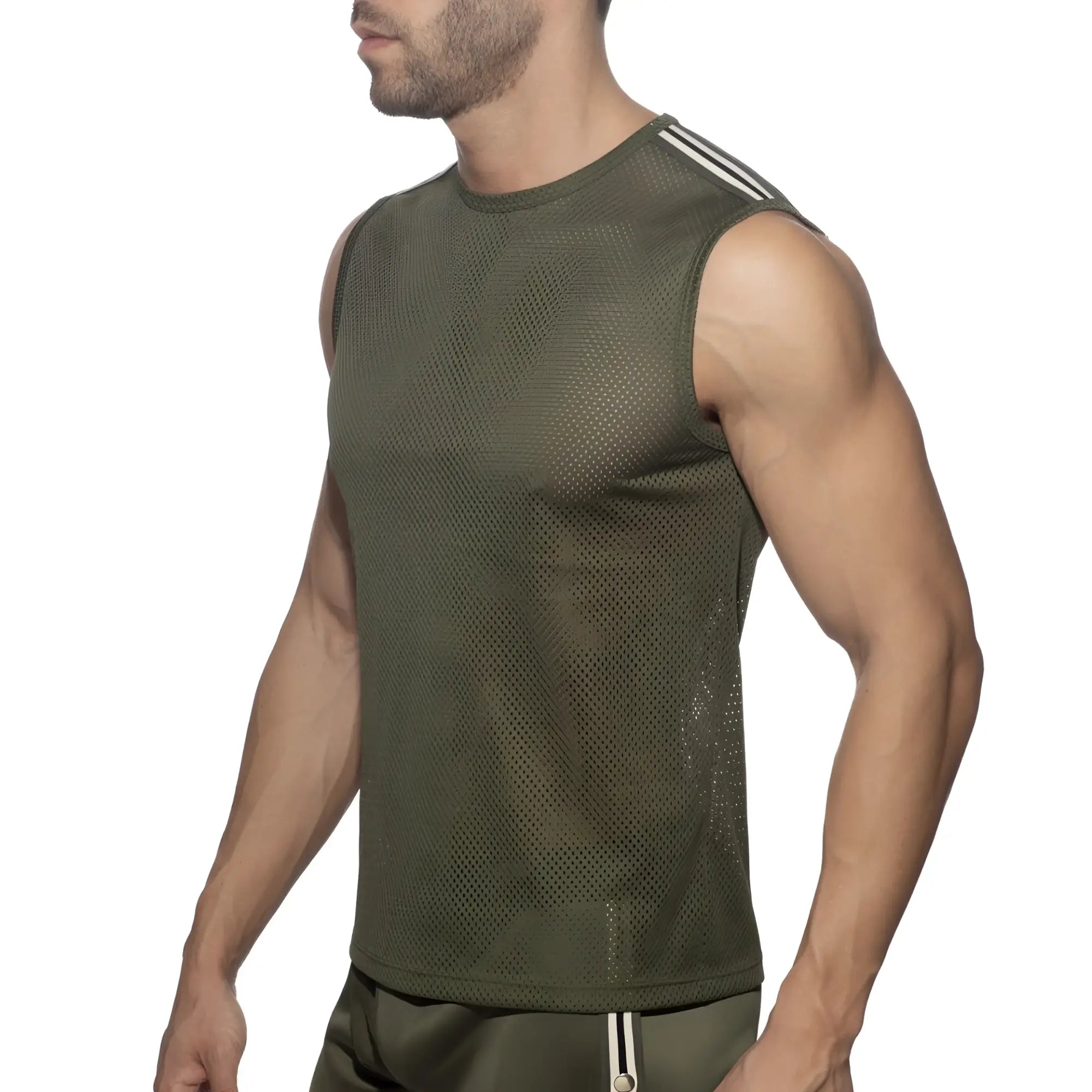 Nexus mesh tank top olive green sleeveless athletic top with white three stripes on shoulder made of breathable mesh