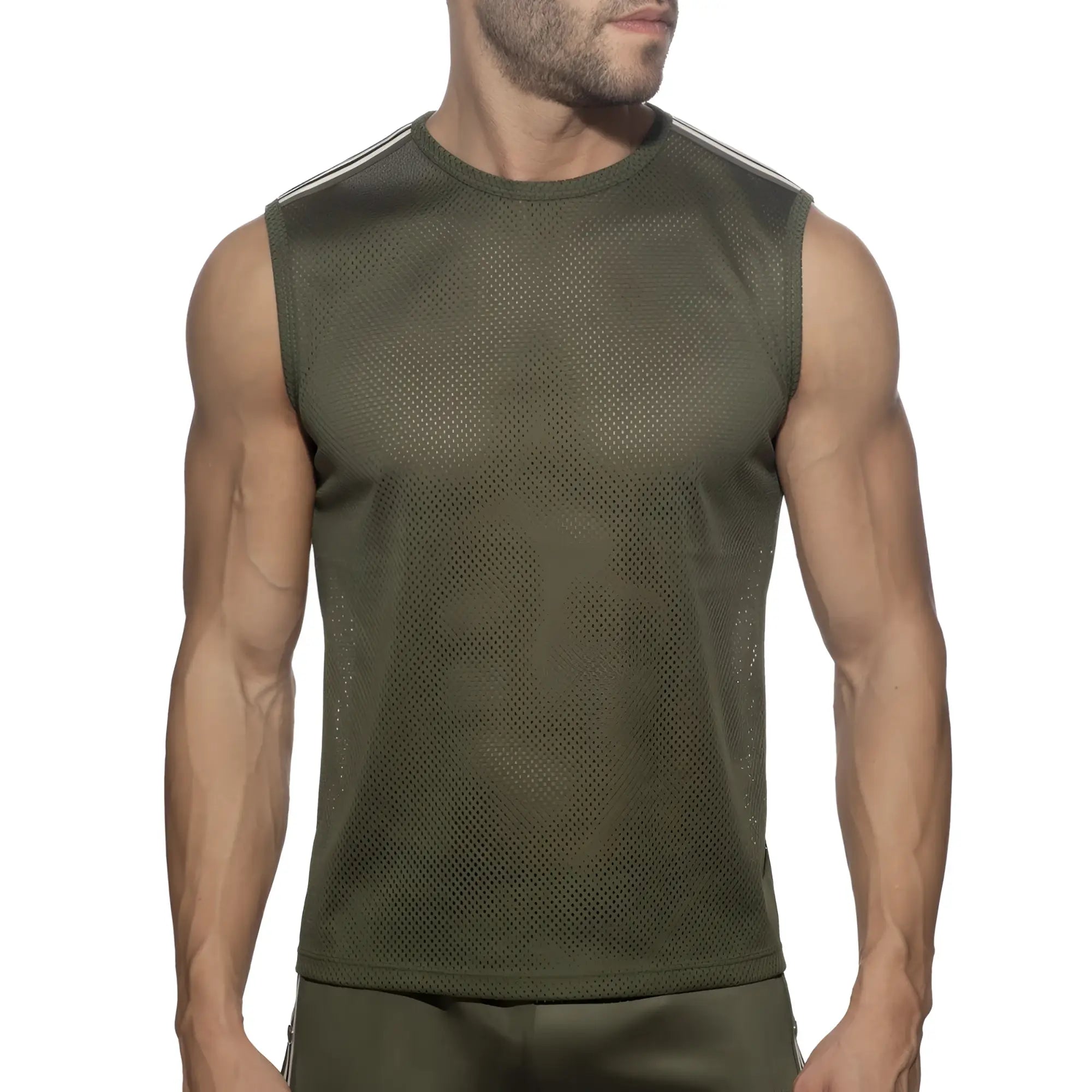 Olive green mesh sleeveless athletic tank top with white shoulder stripes featuring breathable fabric for workouts