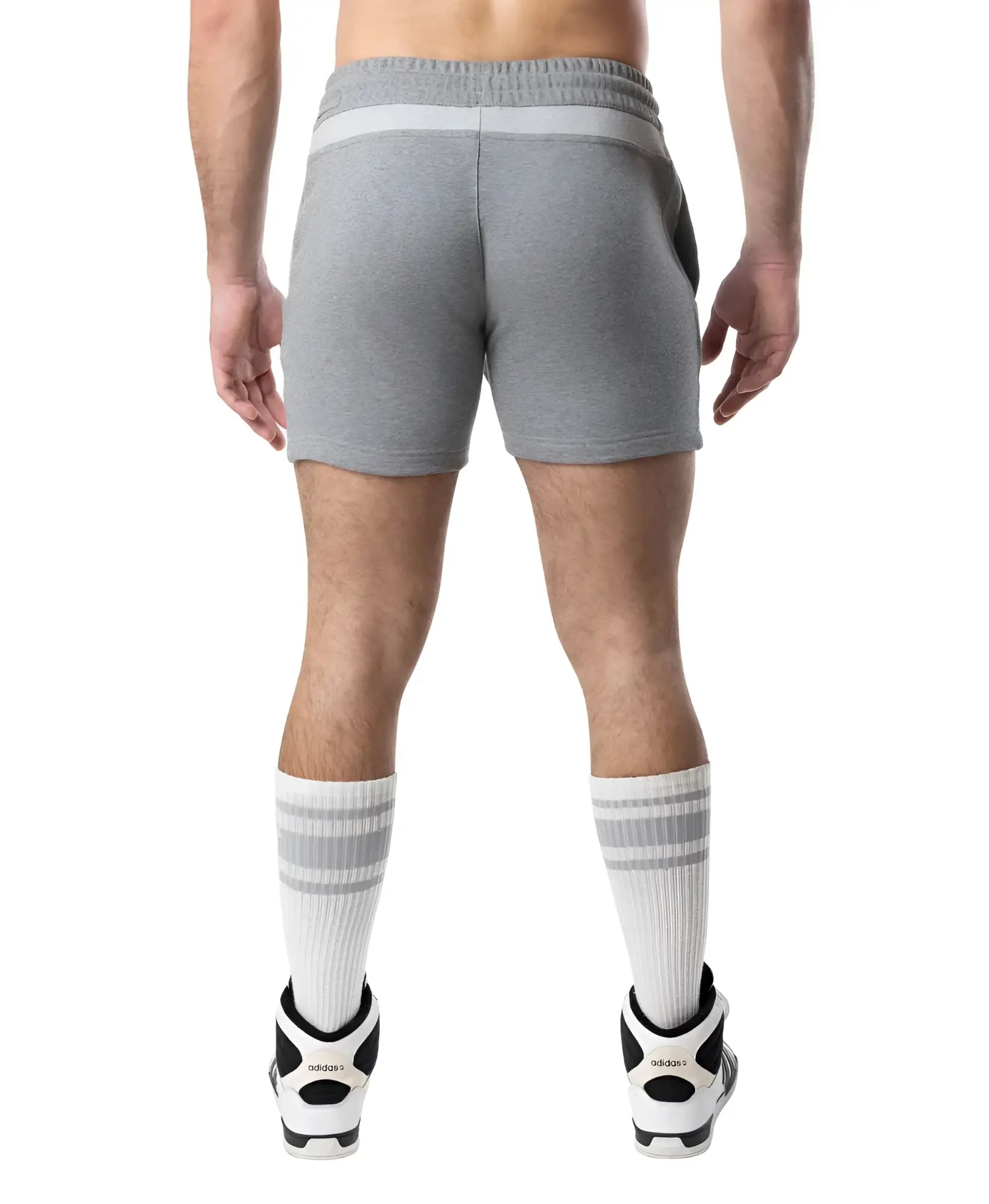 Gray heathered Nexus Rugby short with white elastic waistband and side pockets made from soft sweatshort material