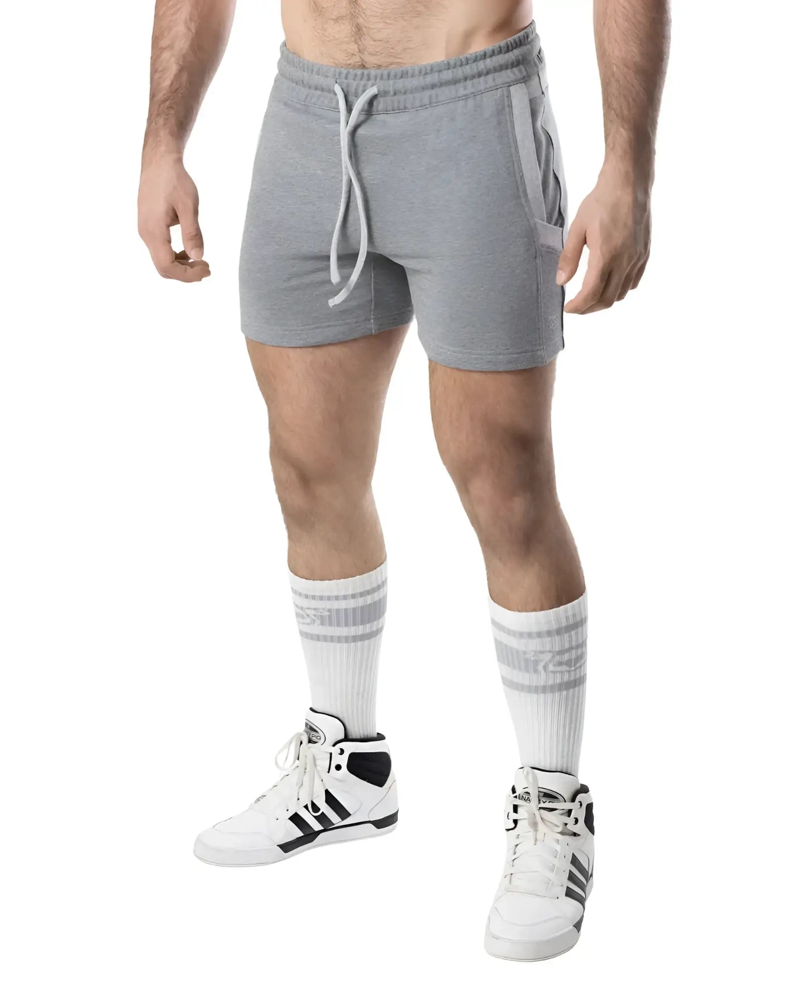 Gray heathered nexus rugby short sweatshorts with white drawstring and side pockets for casual wear
