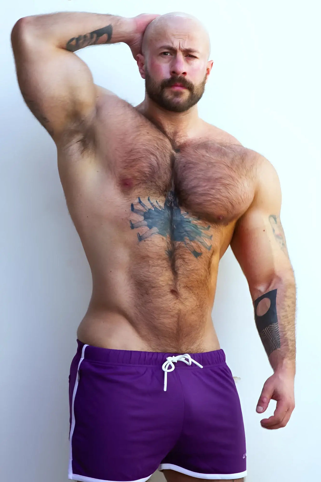 Dark plum for-the-night 2 inch gym short shorts with white trim and drawstring for athletic use