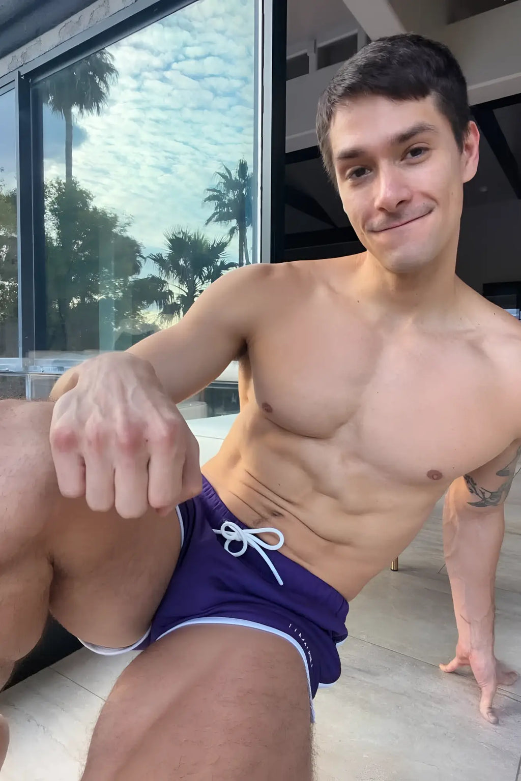Dark plum for-the-night 2 inch gym short shorts with white drawstring and trim in lightweight swim fabric