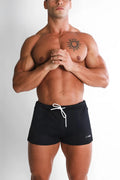 For-the-night 2 gym short shorts in obsidian black with white drawstring and small logo on lower right leg
