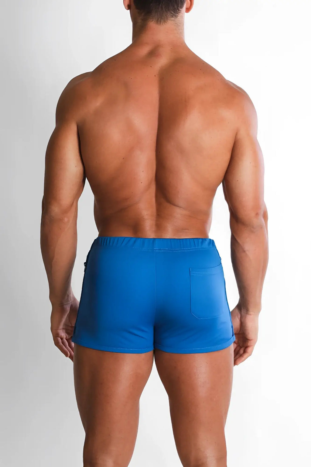 For-the-night 2 inch solid blue gym short shorts with elastic waistband and single side pocket for athletic use