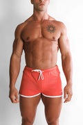 For-the-Night 4 inch gym short shorts in bright coral-red with white trim and drawstring for active wear