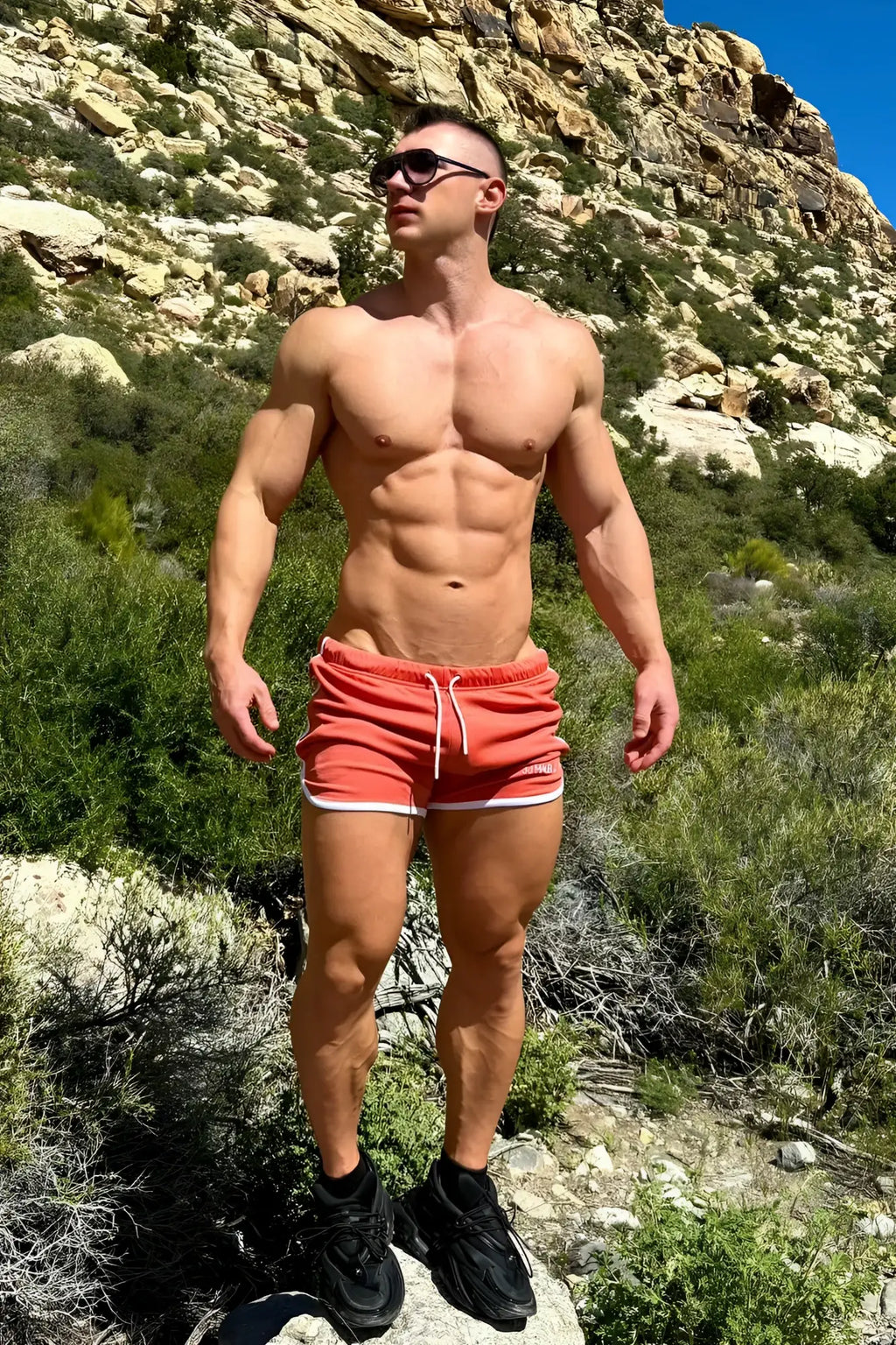 For-the-night 4 inch gym short shorts in tangerine orange with white trim and drawstring for athletic use