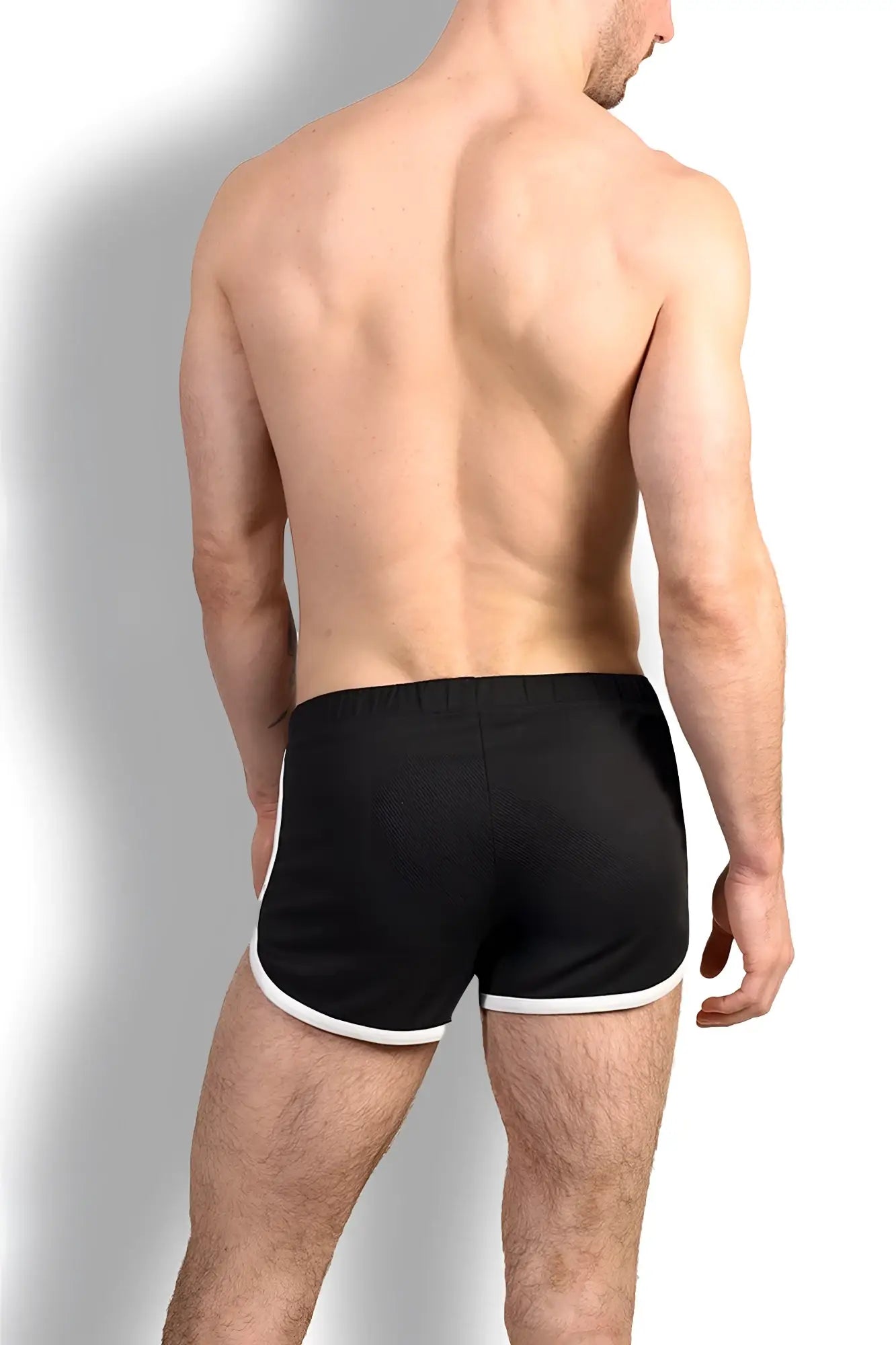Nightcall elastic waist 3 inch short shorts in midnight black with white trim on waistband and leg openings