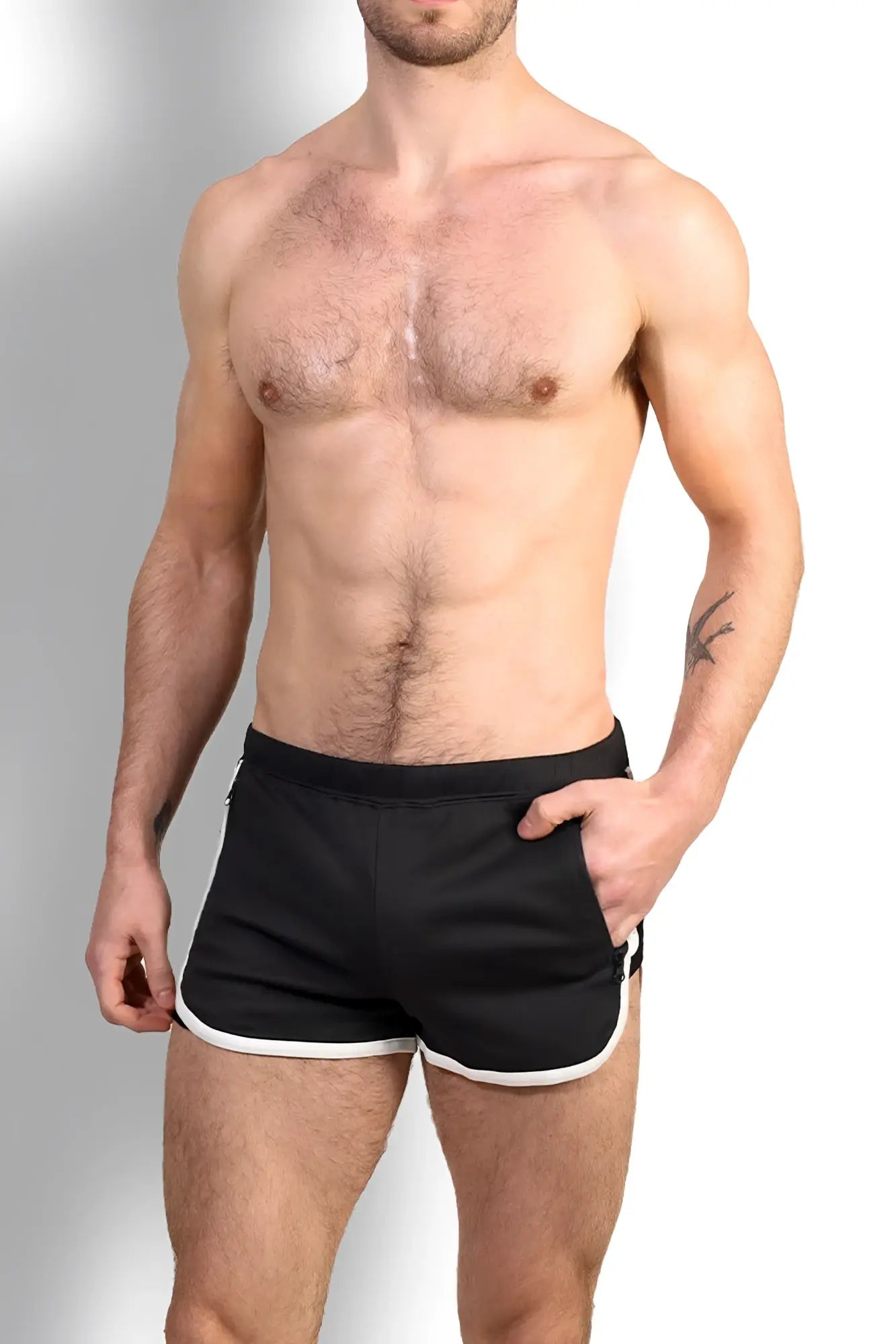 Nightcall elastic waist 3 inch short shorts in midnight black with white trim on hem and side seams for athletic use