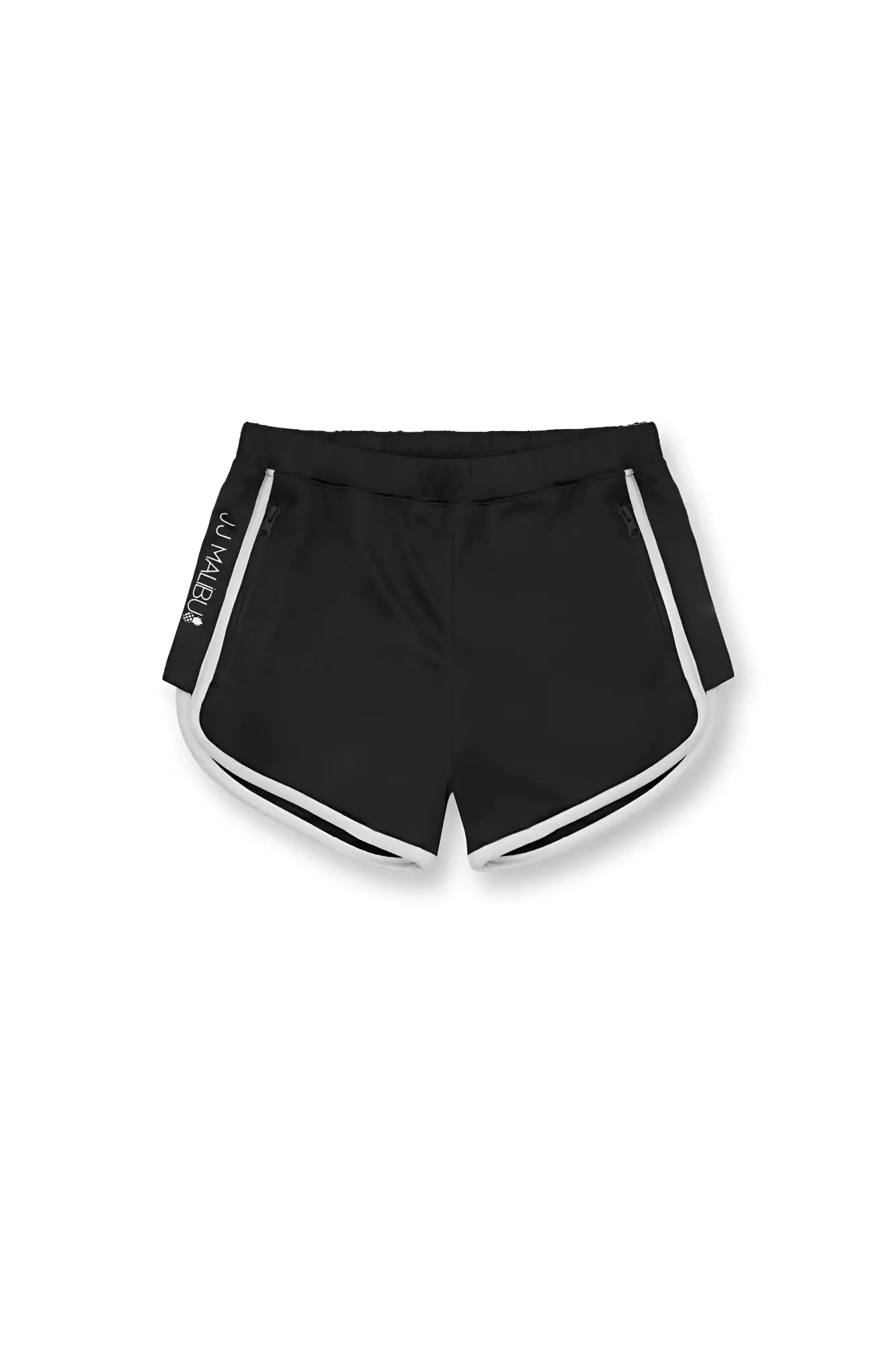 Nightcall elastic waist 3 inch black athletic shorts with white trim and jumplu logo on the left leg