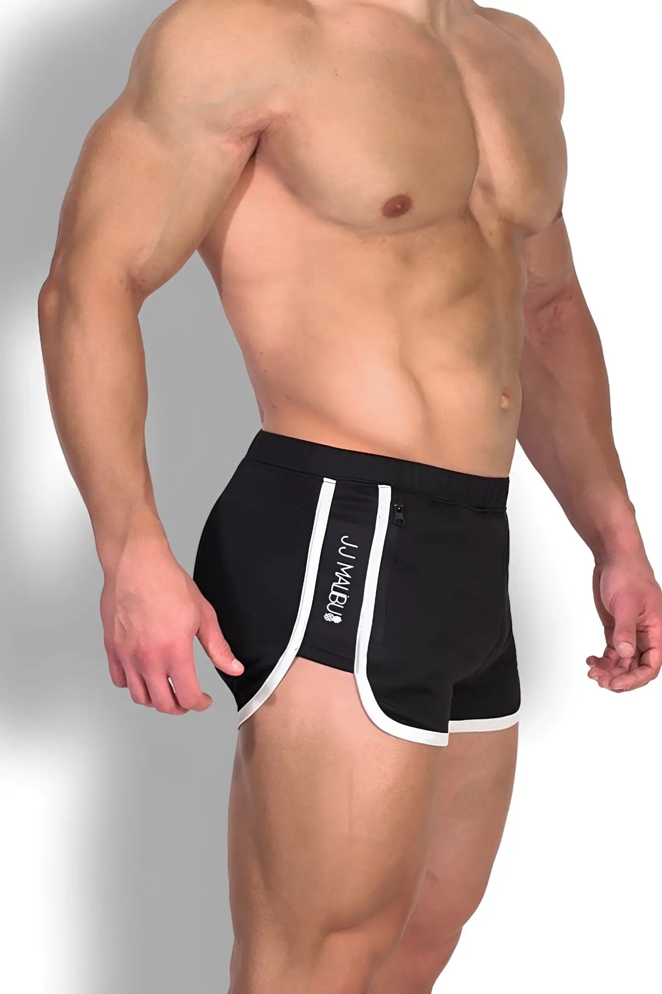 Nightcall elastic waist 3 inch short shorts in midnight black with white trim side zipper and juwae branding on left leg