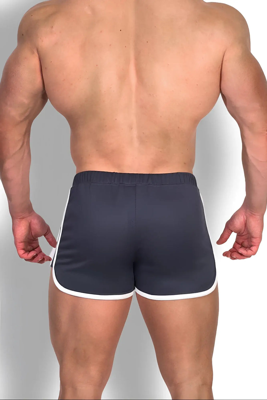 Nightcall elastic waist 3 inch smokey grey athletic shorts with white trim along waistband and hem