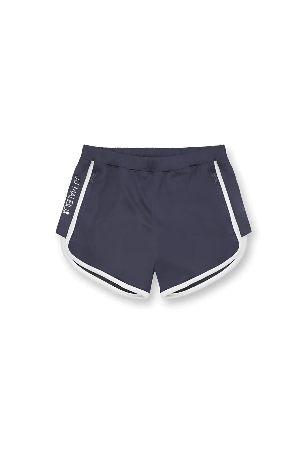 Navy blue nightcall elastic waist 3 inch athletic shorts with white side stripes and jumble logo on left leg