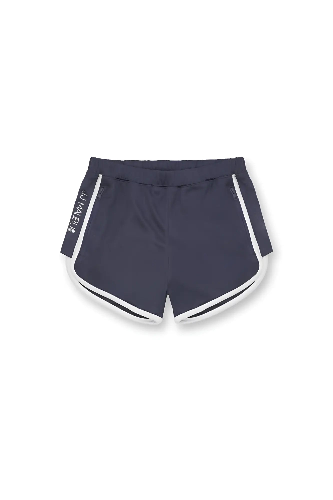 Navy blue nightcall elastic waist 3 inch athletic shorts with white side stripes and jumble logo on left leg