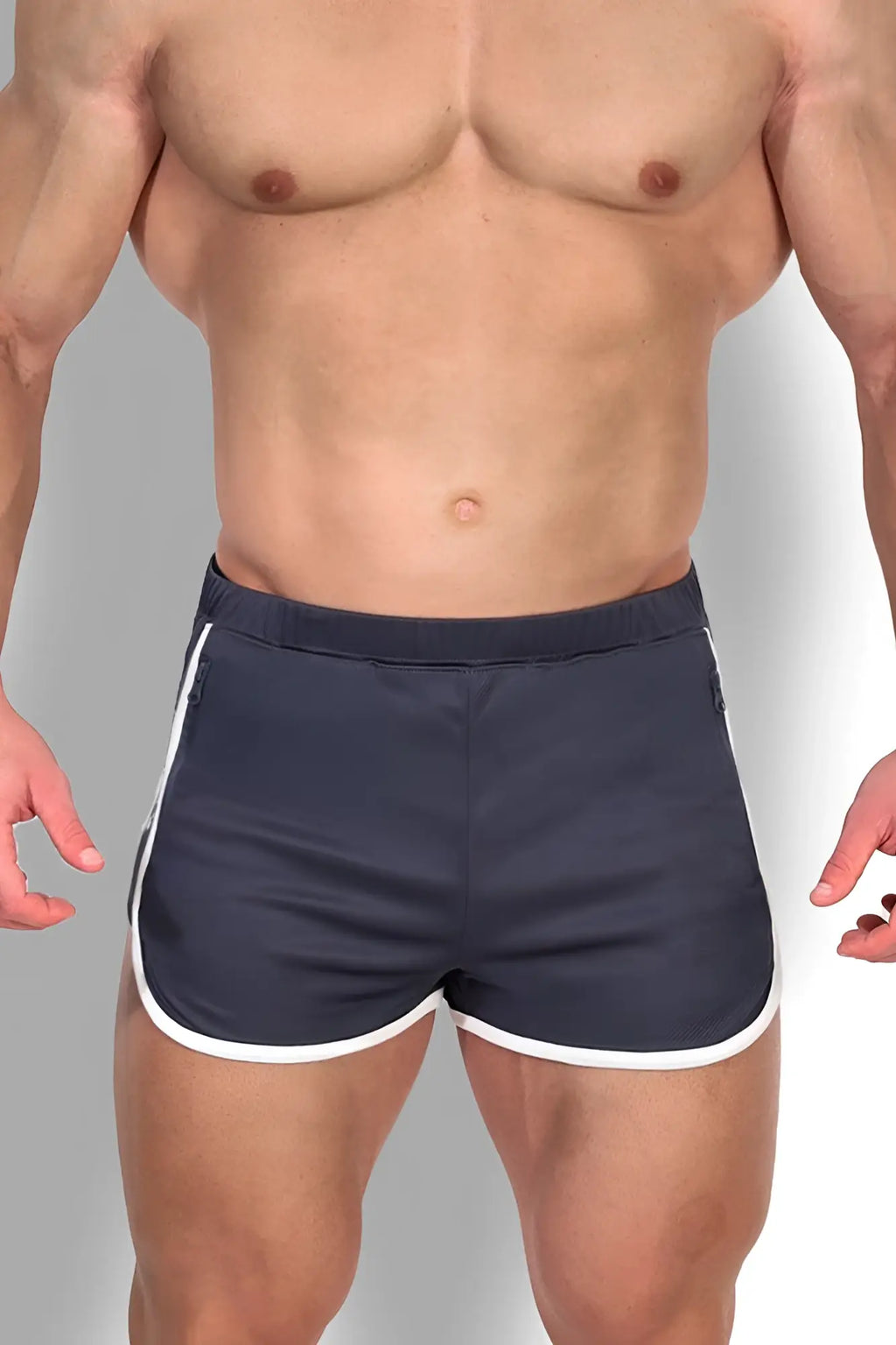 Navy blue nightcall elastic waist 3 inch athletic shorts with white side stripes and matching hem in smokey grey