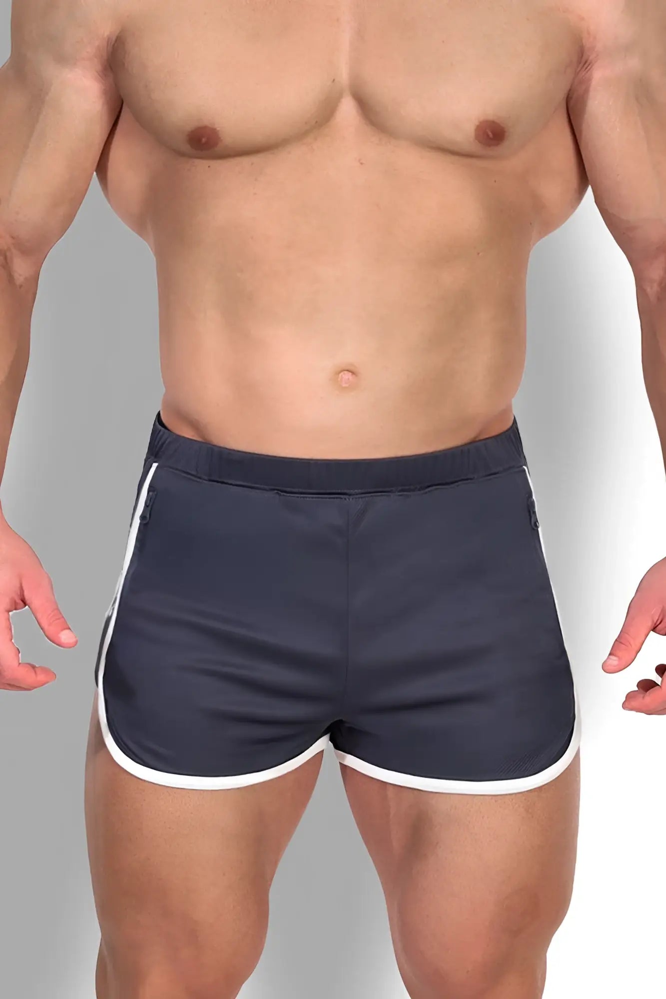 Navy blue nightcall elastic waist 3 inch athletic shorts with white side stripes and matching hem in smokey grey