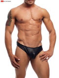 Noir cock-ring thong black shiny faux-leather briefs with sleek form-fitting design shown from the back side