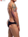 Black shiny high-waisted noir pleather backless brief with sleek form-fitting design showing the back side