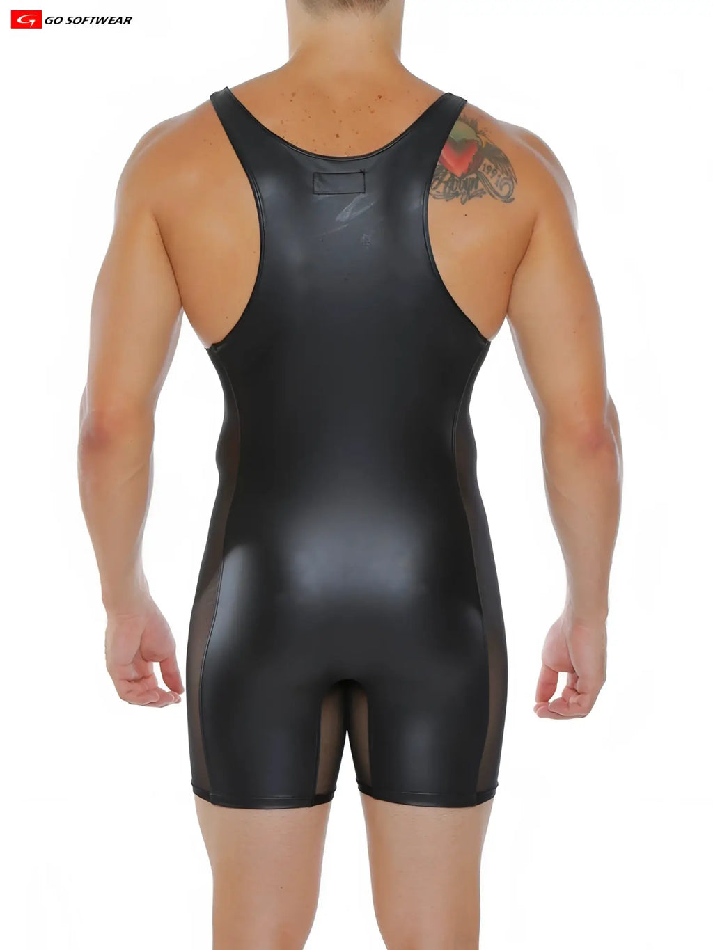Black glossy pleather one-piece wrestling singlet with sheer mesh side panels for athletic performance
