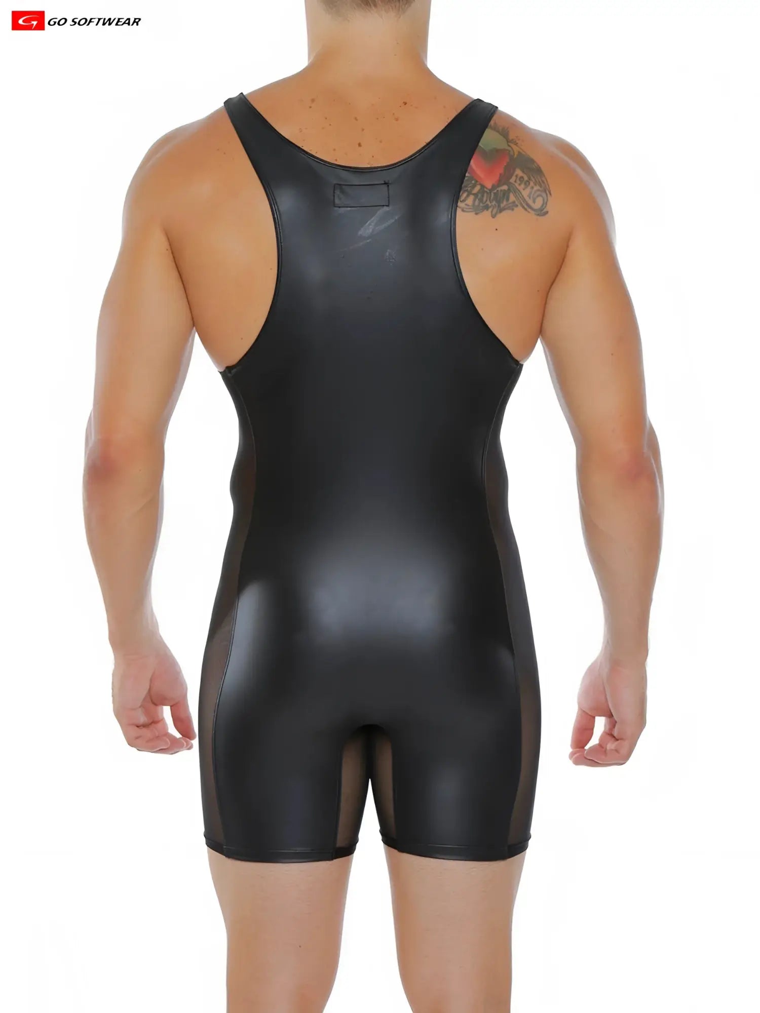 Black glossy pleather one-piece wrestling singlet with sheer mesh side panels for athletic performance