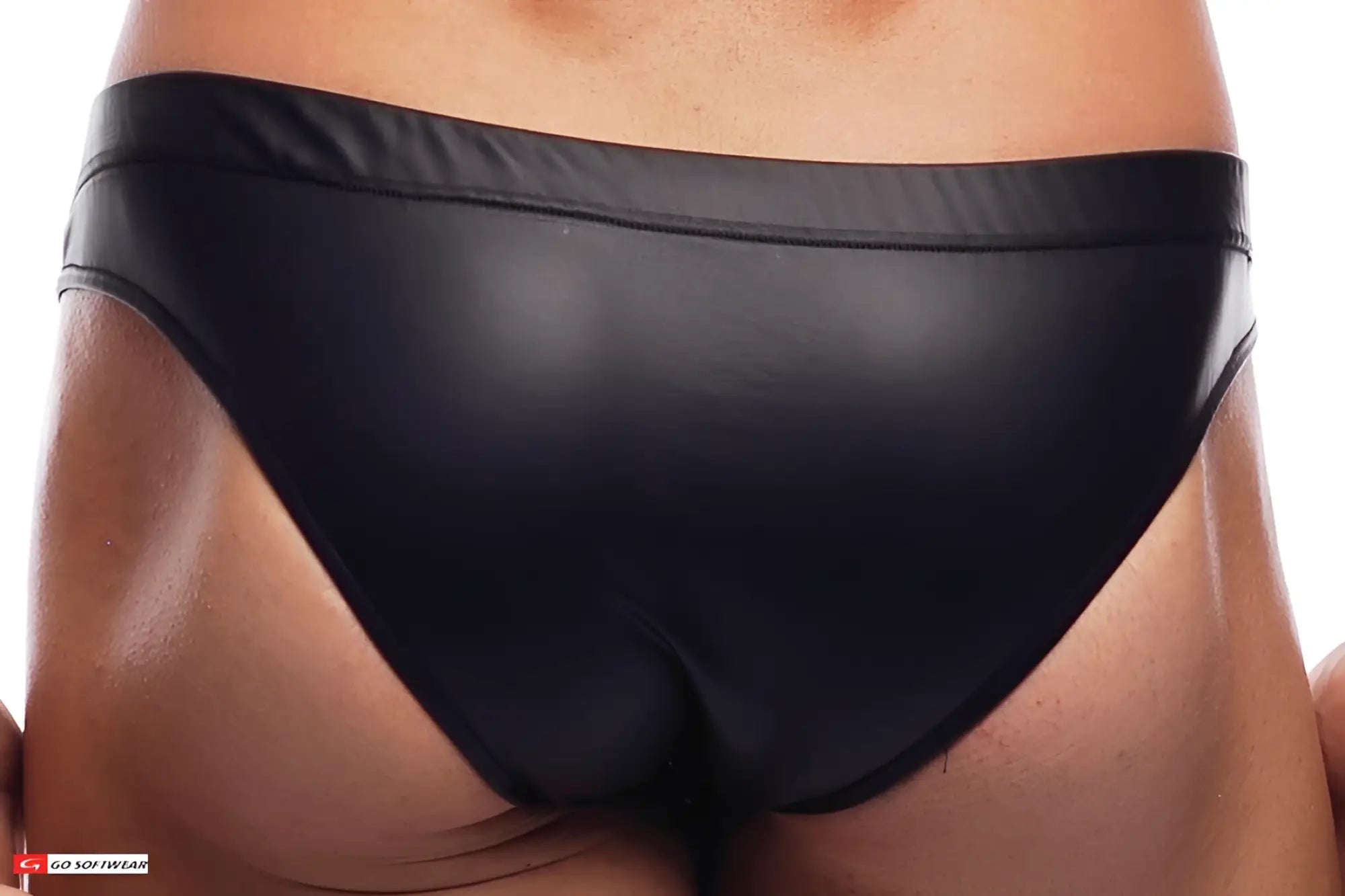 Black glossy faux leather briefs with a smooth shiny finish and snug fit from the noir zip-up pleather bikini collection