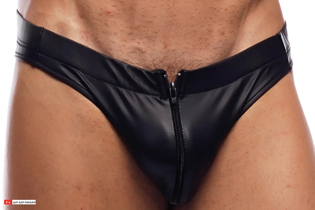 Black patent leather thong bikini with central zipper in pleather material shown from the front
