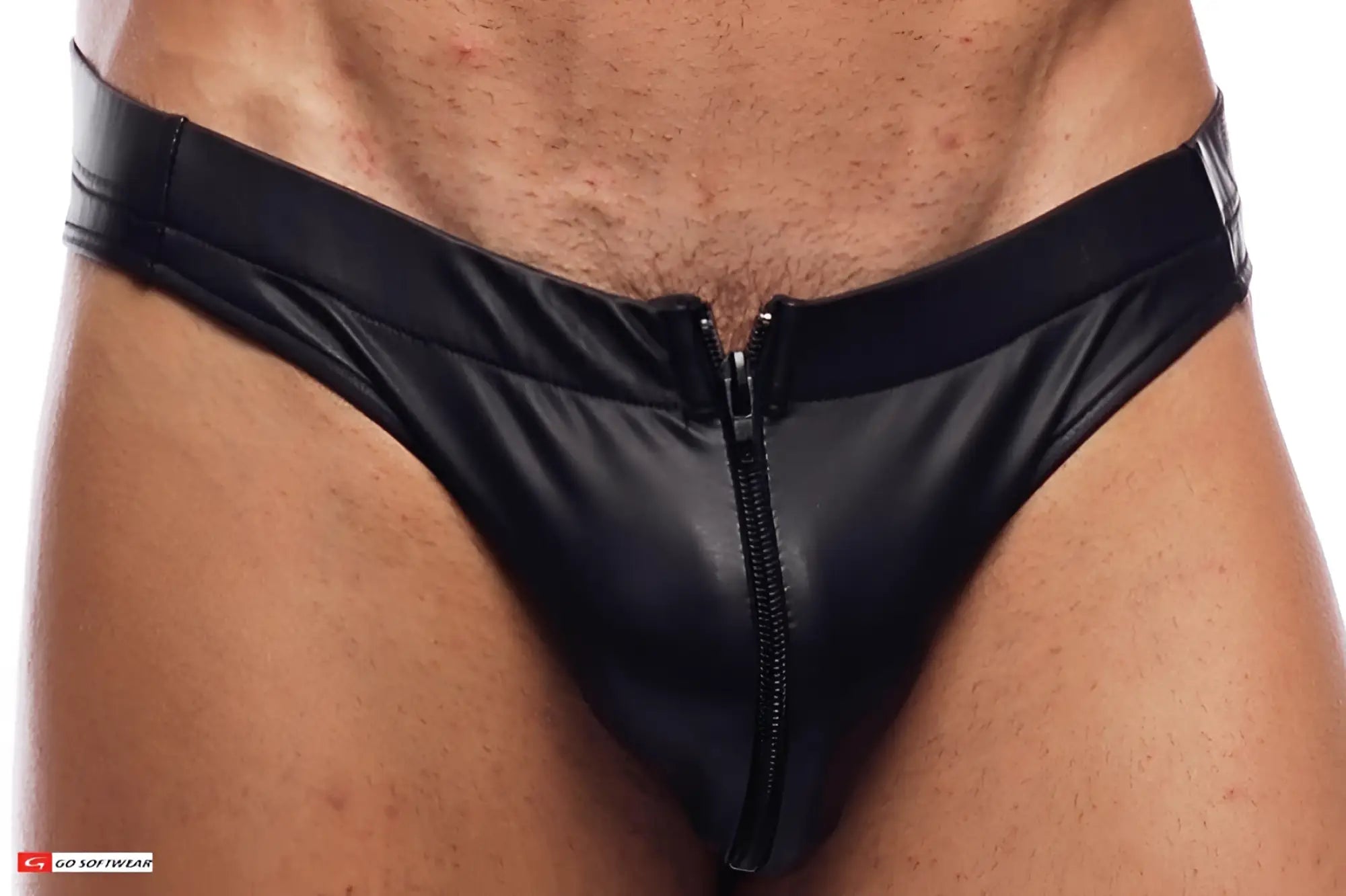 Black patent leather thong bikini with central zipper in pleather material shown from the front