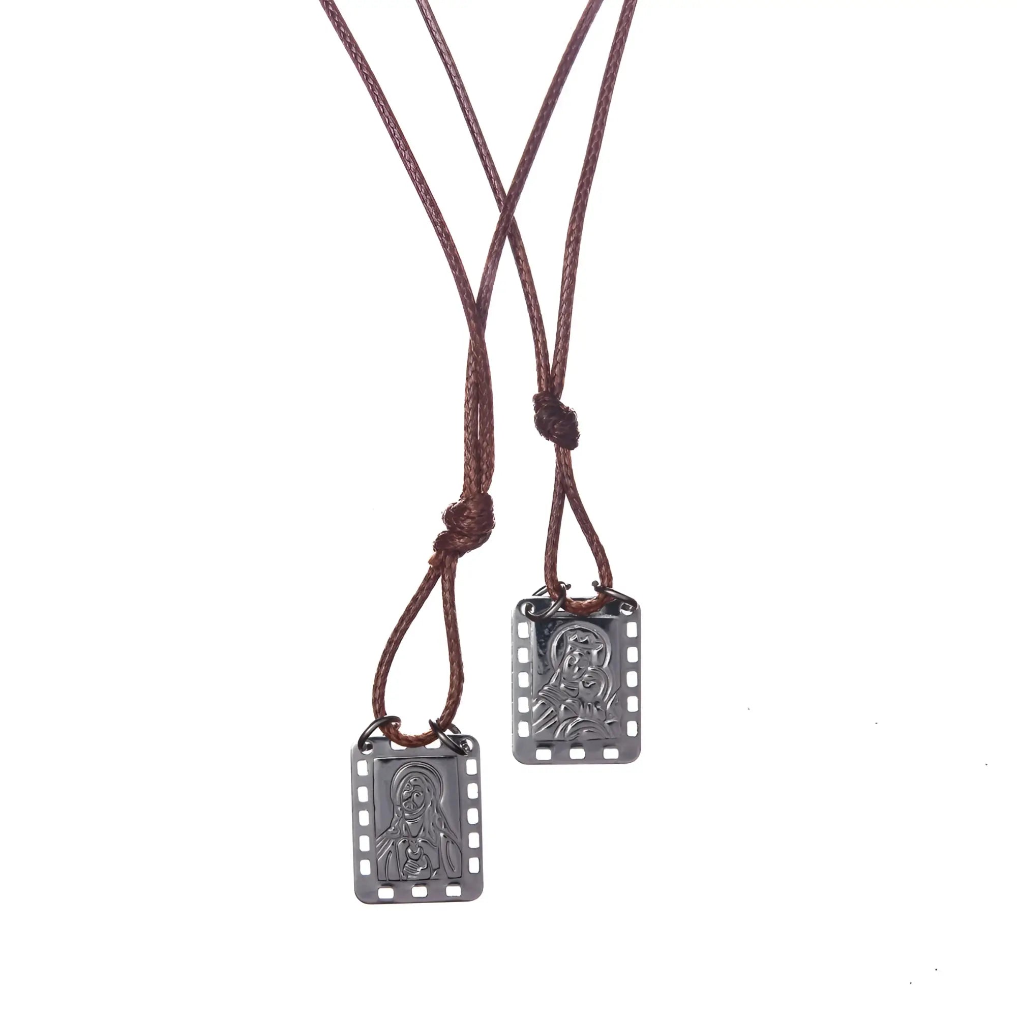 Two dark brown leather cord necklaces with rectangular silver tonal Nossa Senhora do Carmo scapular pendants for men