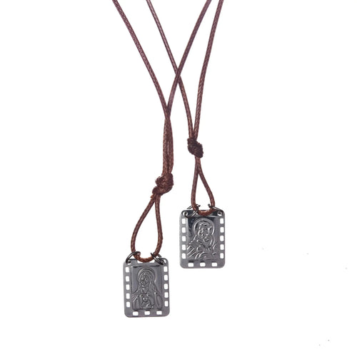 Two dark brown leather cord necklaces with rectangular silver tonal Nossa Senhora do Carmo scapular pendants for men