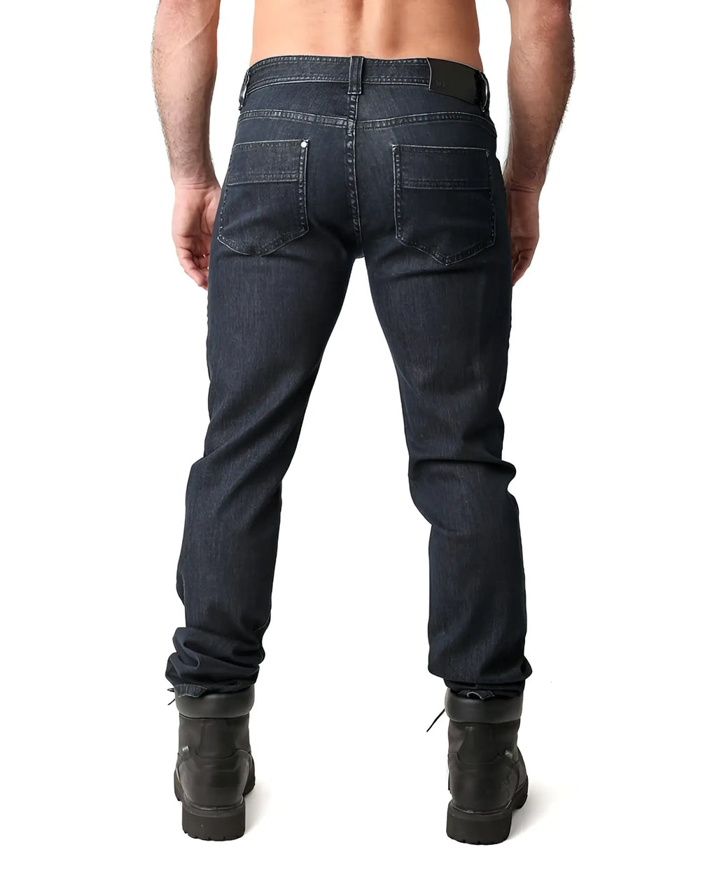 Dark indigo denim jeans np jean with straight-leg cut and classic back pockets shown from the back side