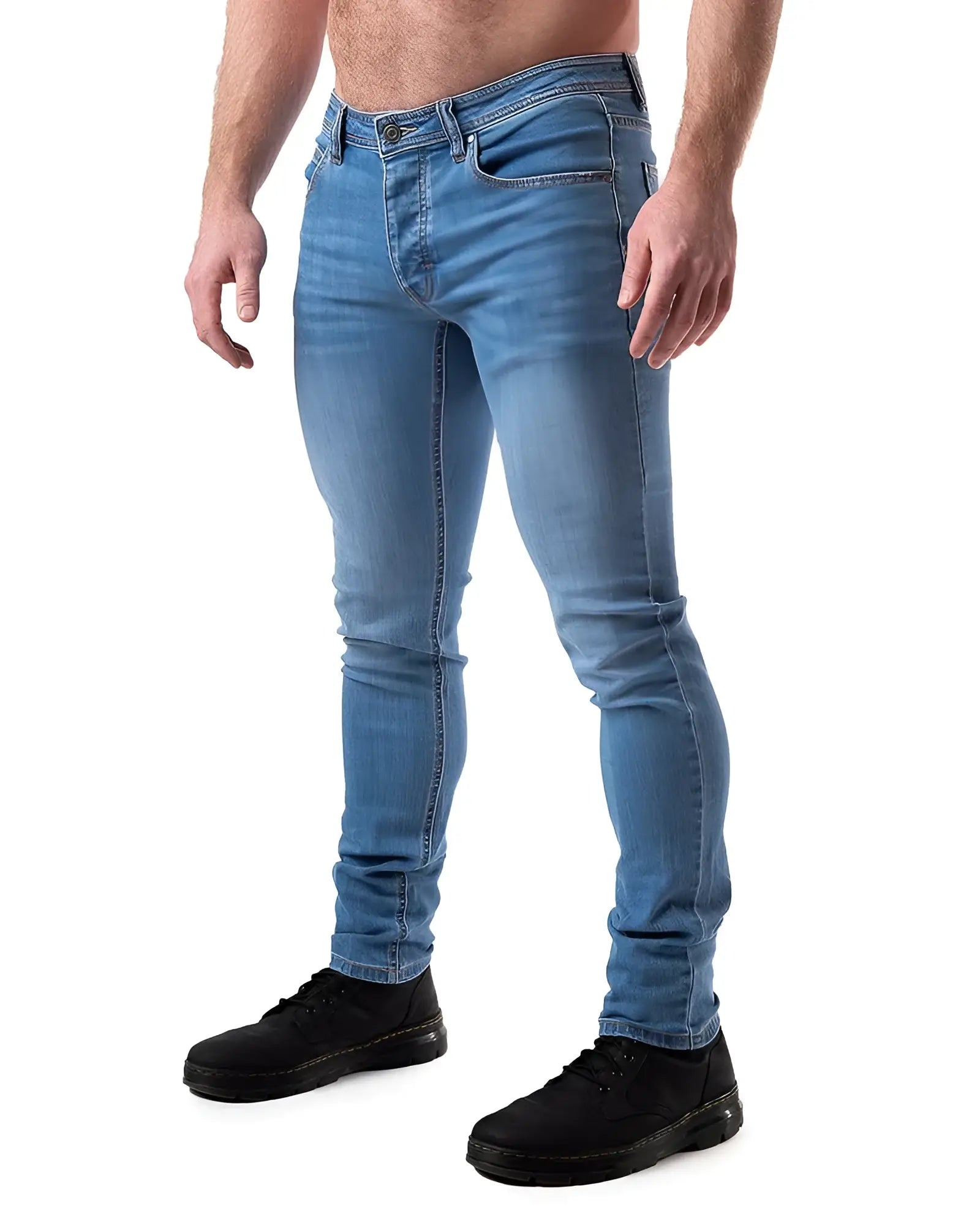Light-wash blue slim-fit denim jeans with classic stitching details from NP JEAN