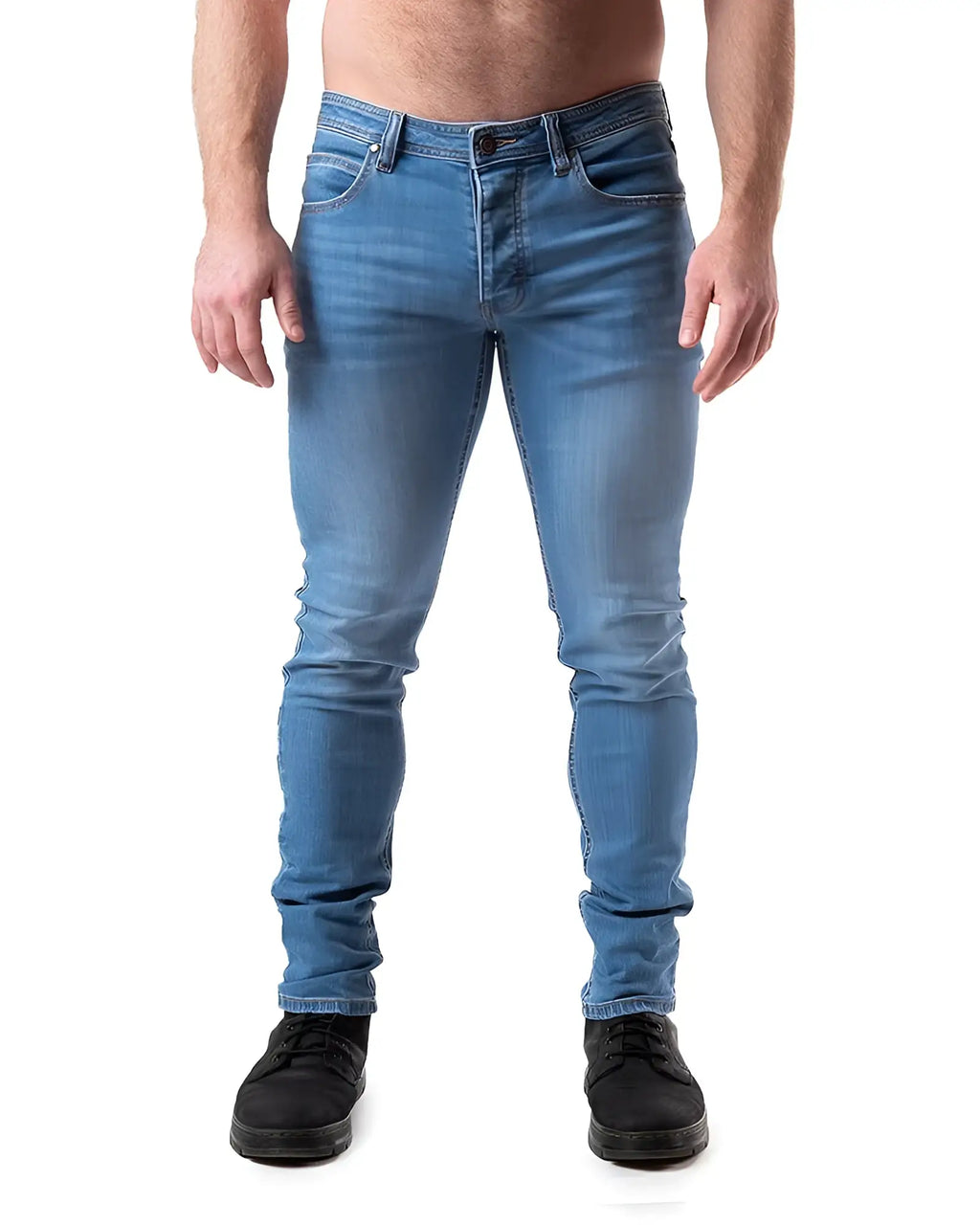Medium-wash blue slim-fit NP JEAN denim jeans with classic five-pocket design made from durable denim fabric